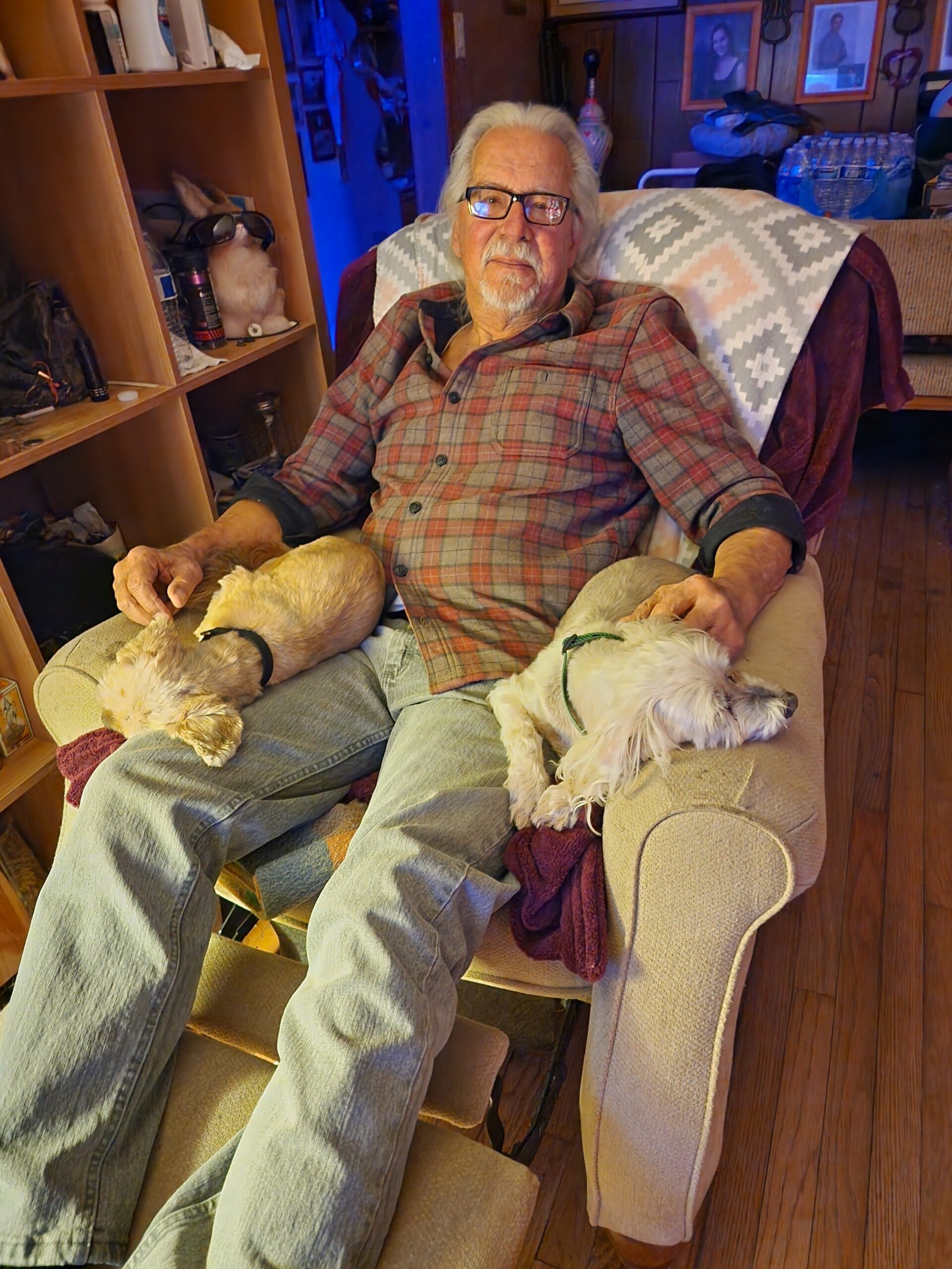 Older man with glasses sitting in a beige chair, two small white dogs resting on his legs in a cozy living room.