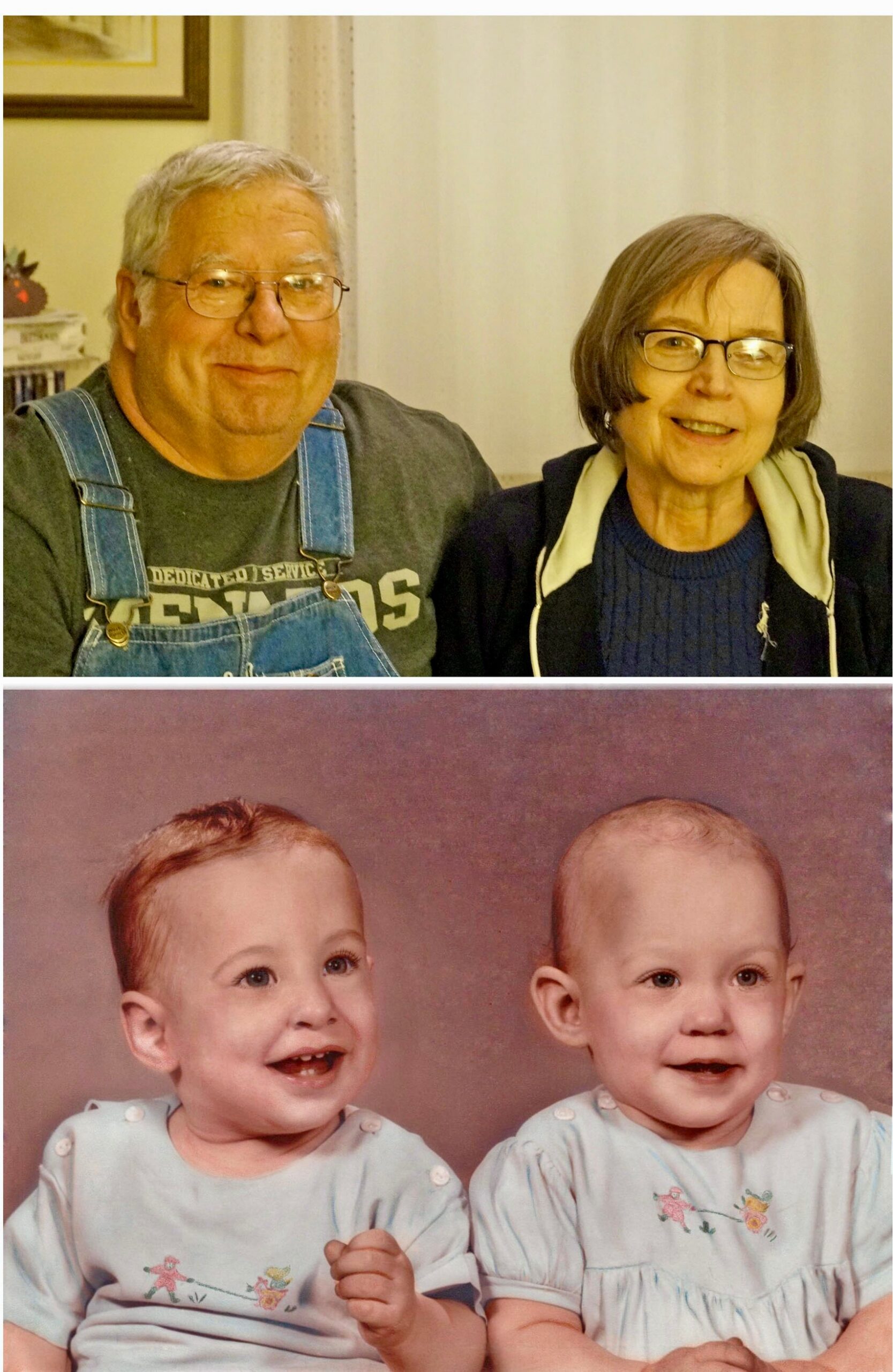 Top: an elderly man in denim overalls and a woman with glasses smiling; bottom: two babies in blue outfits looking aside.