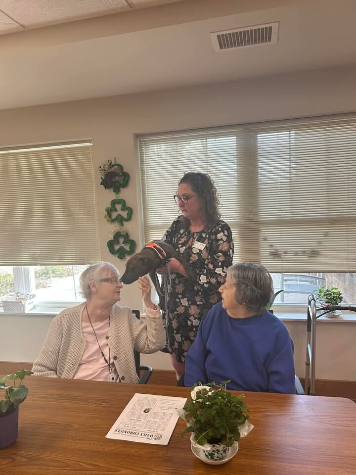 Therapy dog visits two elderly women at a care facility; a staff member holds the dog’s leash as they greet them at a table.