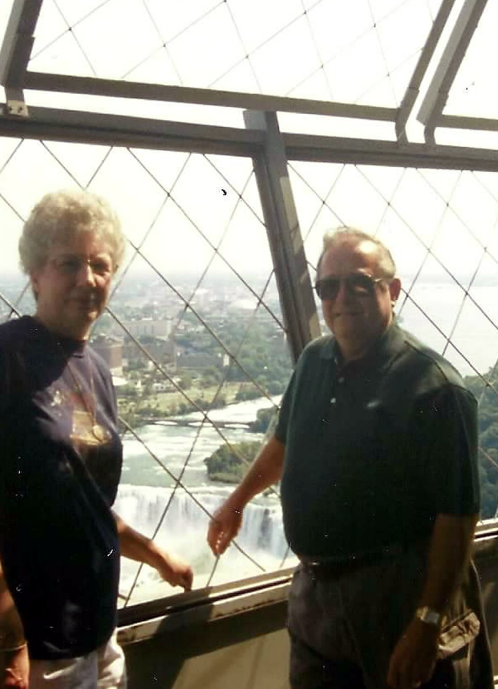 Two men stand at a high vantage point behind a metal safety fence, with a city and river visible in the distance.