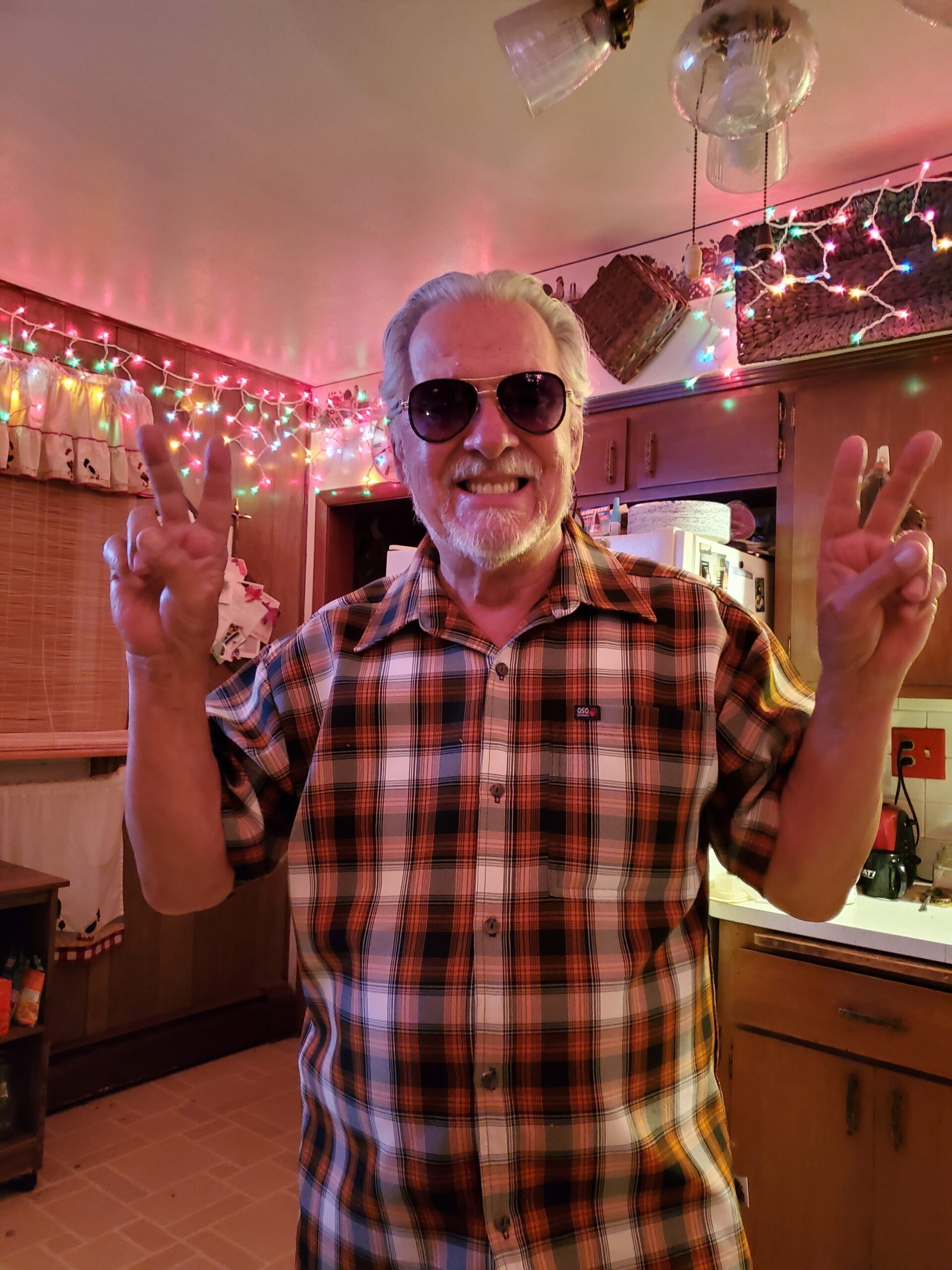 Smiling man in a plaid shirt and sunglasses making peace signs; colorful string lights in a kitchen setting.