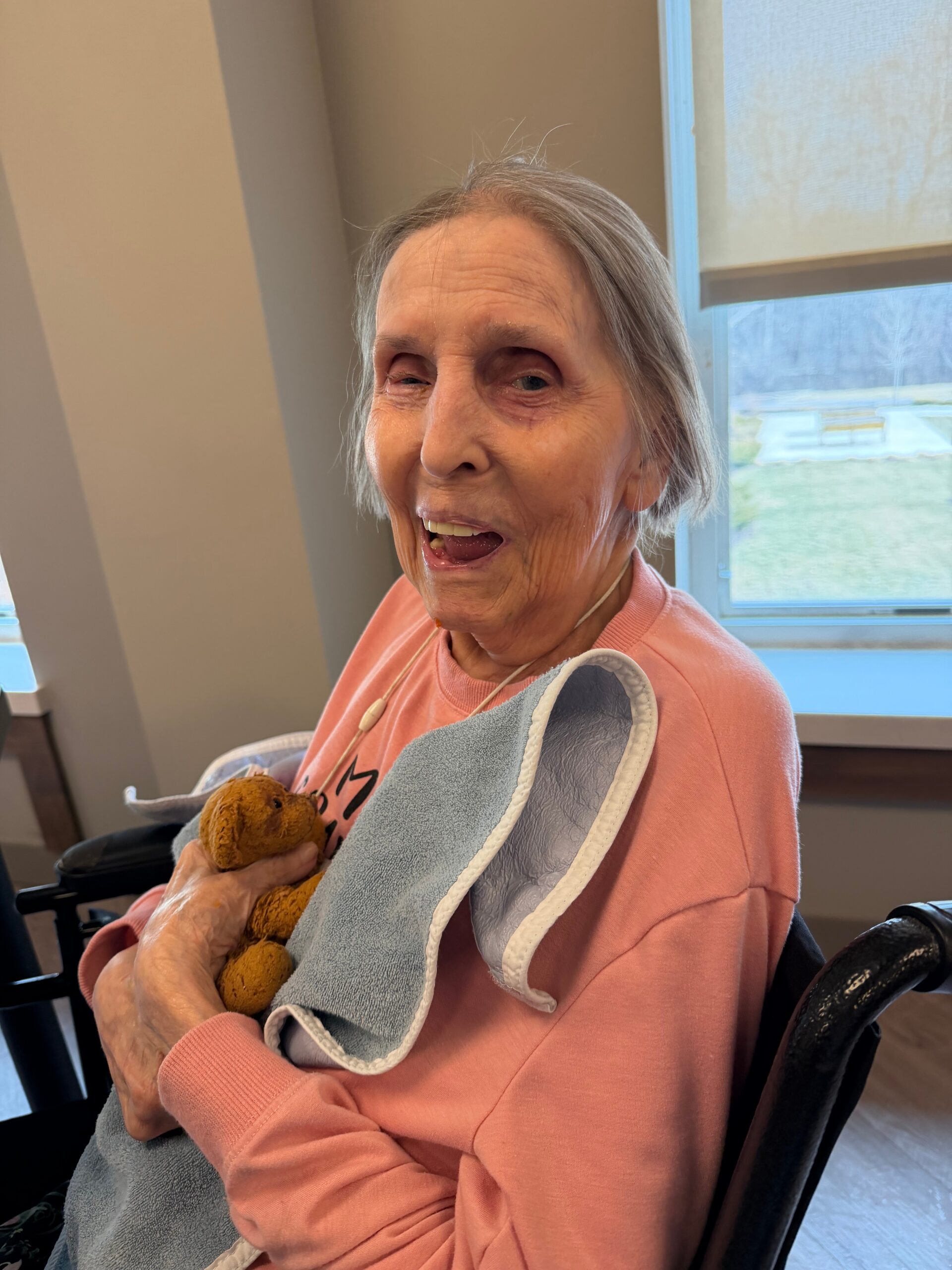 Smiling elderly woman in a wheelchair wearing a pink sweater, holding a brown teddy bear.