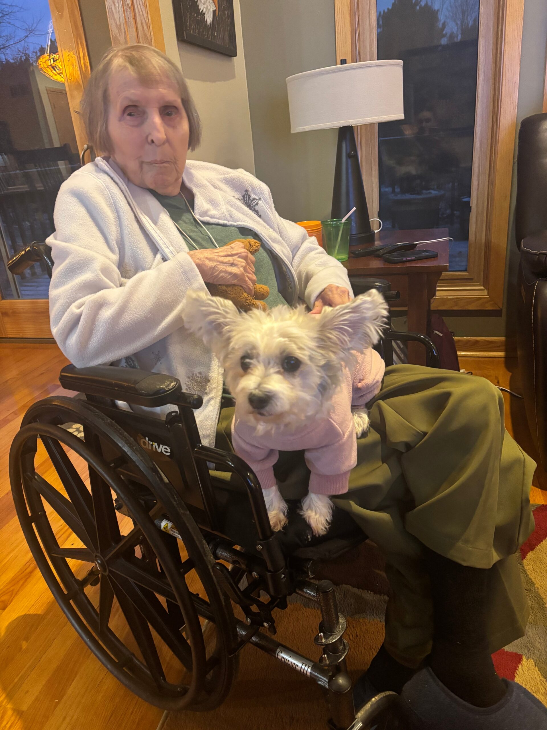 Older woman in a white zip-up jacket sits in a wheelchair with a small fluffy dog in a pink hoodie on her lap indoors.