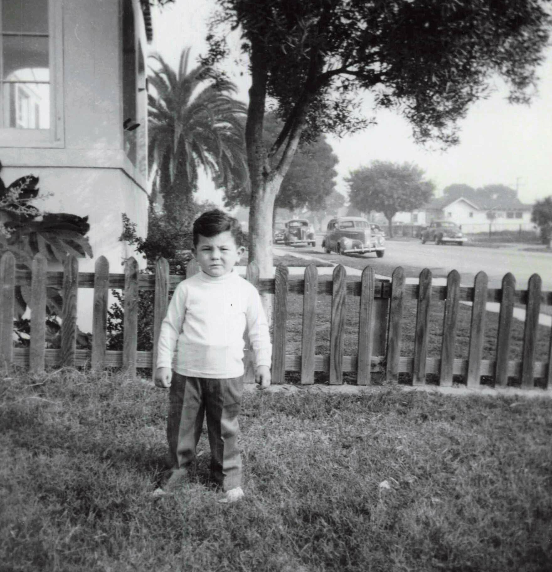 Boy stands in front of a wooden picket fence in a suburban yard; palm trees and a quiet street with parked cars in the background.