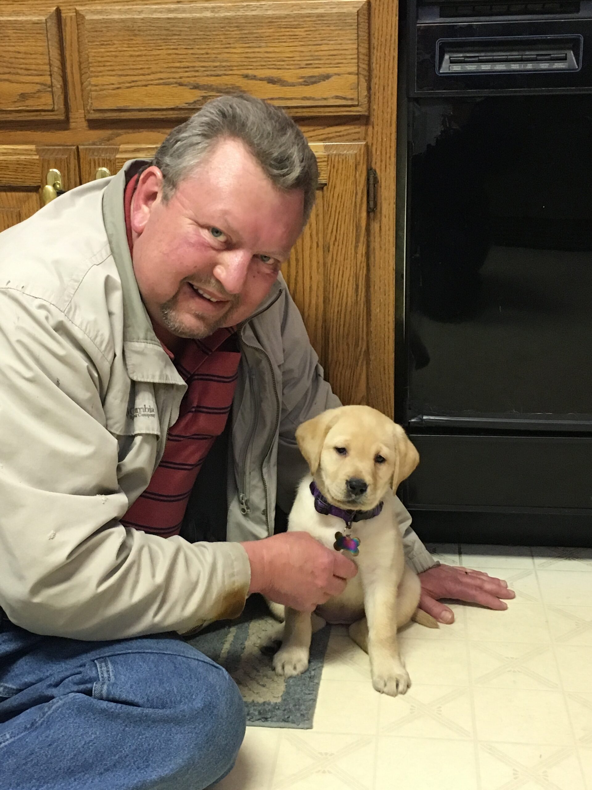 Man kneeling on a tiled kitchen floor, petting a yellow Labrador puppy wearing a purple collar.