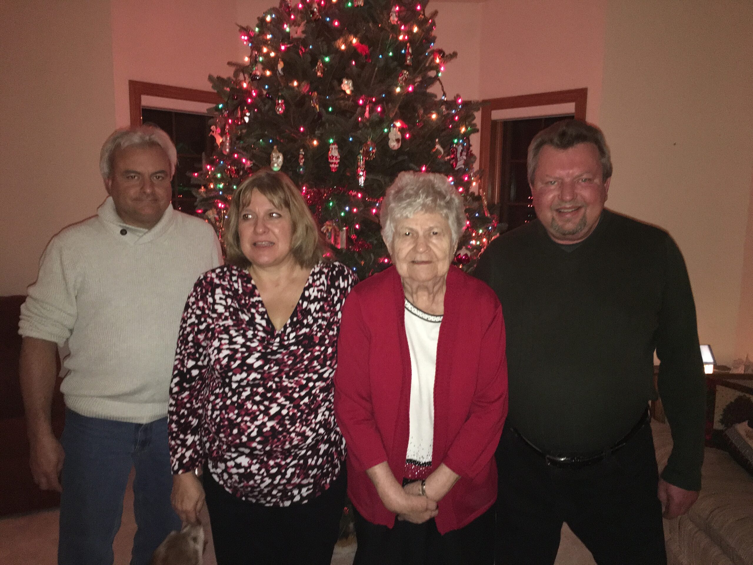 Four adults posing indoors in front of a lit Christmas tree, with a small dog at the floor nearby.