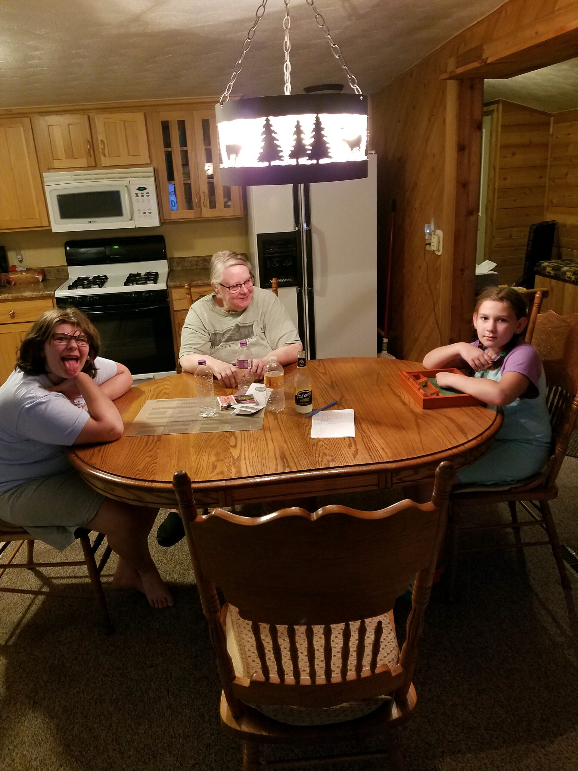 Three people sit around a round wooden table in a cabin-style kitchen, chatting, under a lit pendant lamp with tree silhouettes.