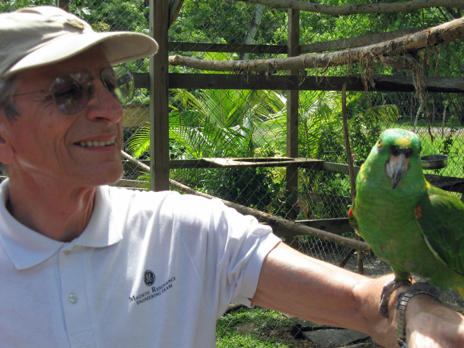 Older man wearing a beige hat and sunglasses smiles as a green parrot sits on his forearm inside a fenced outdoor enclosure.