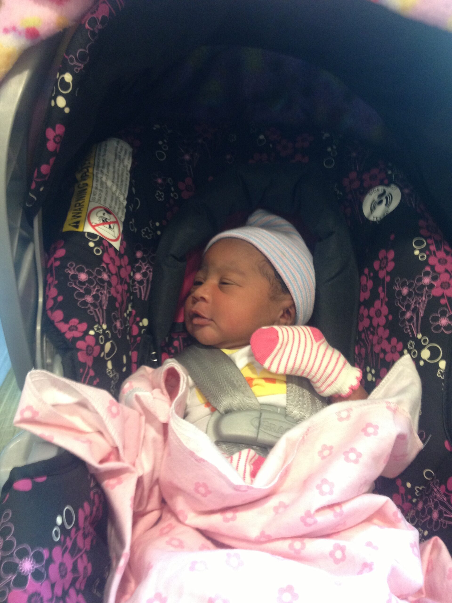Newborn baby resting in a pink floral stroller, wrapped in a pink blanket and striped hat, secured by a harness.