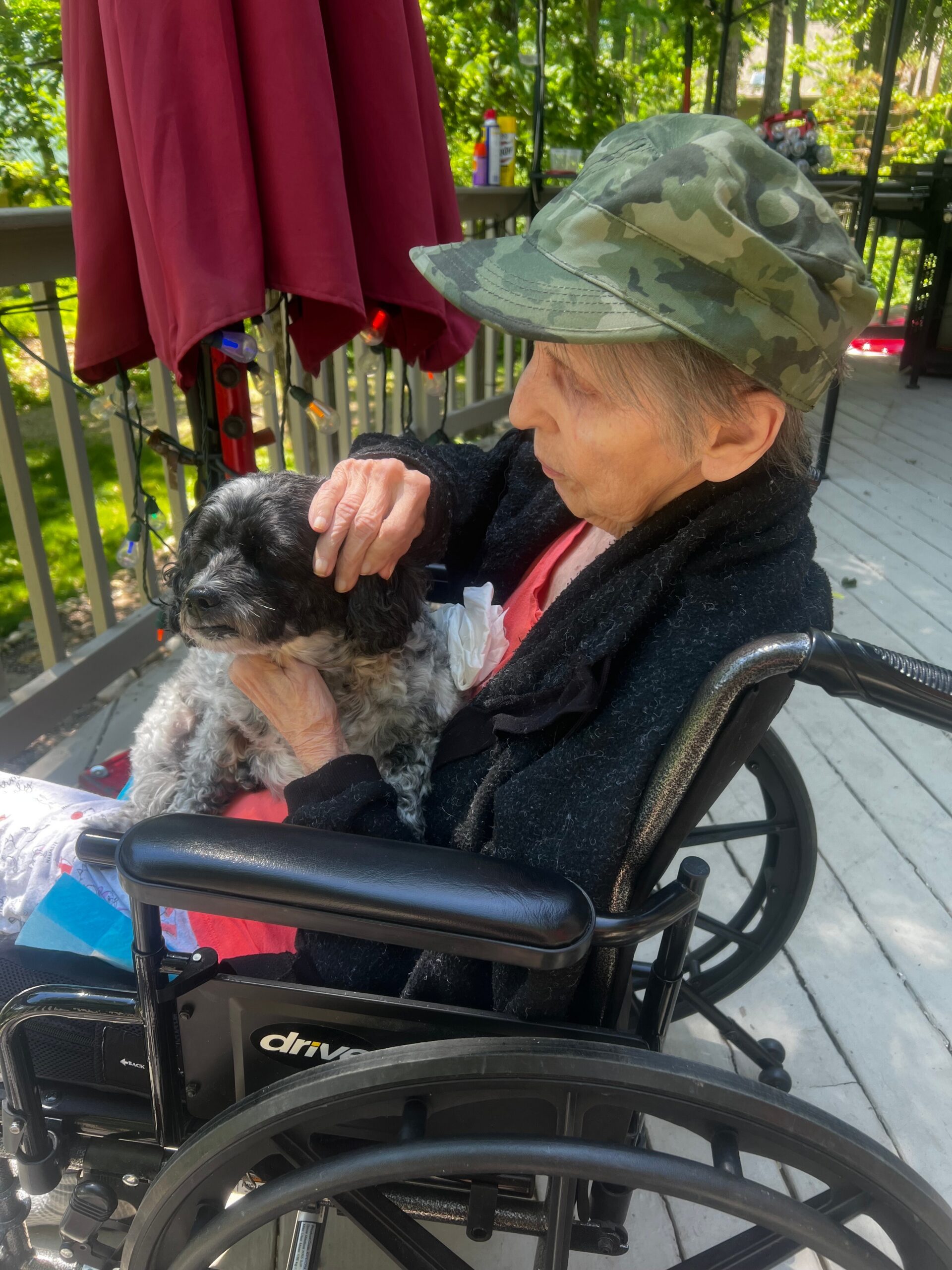 Elderly person in a wheelchair outdoors, cradling a small dog on their lap under a red awning.