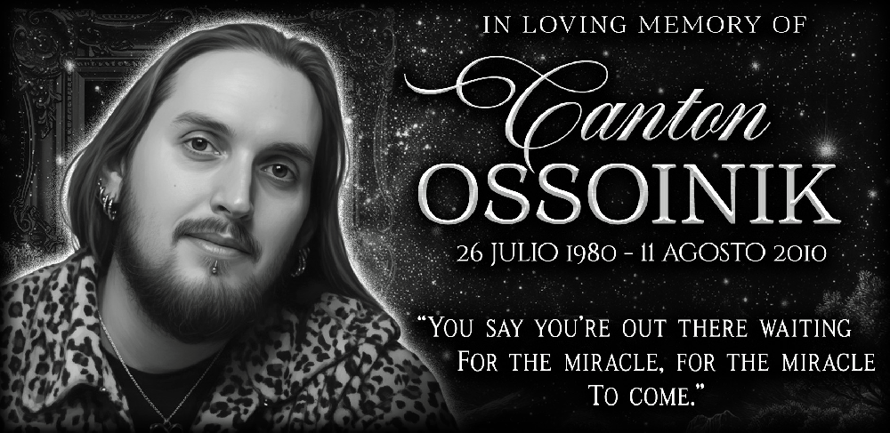Memorial banner featuring a black-and-white portrait of a man with long hair and a leopard-print jacket, with 'In loving memory of Cantin Ossoinik' and the dates 26 July 1980 – 11 August 2010 and a quote.