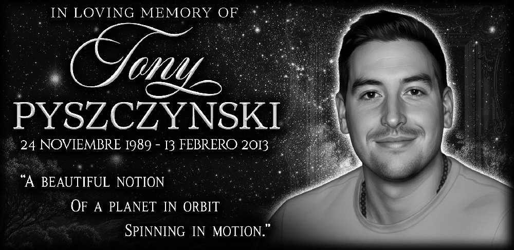 Memorial banner in grayscale: text 'In loving memory of Tony Pyszczynski' with birth and death dates and a poetic line; a portrait of Tony on the right against a starry, night-sky background.