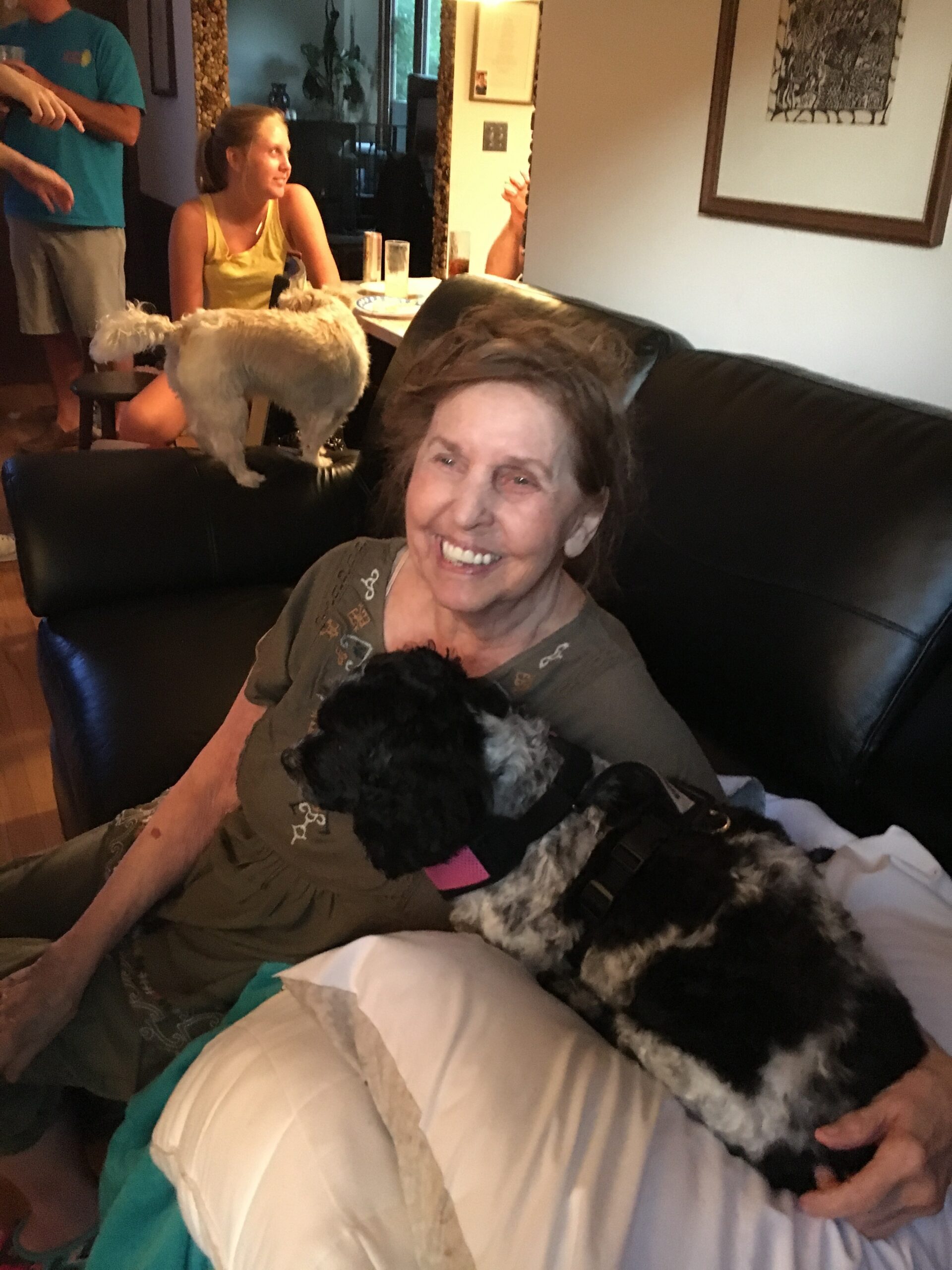 Older woman on a black leather couch smiling with two small black-and-gray dogs on her lap. A young girl in a yellow tank top sits at a dining table with a white fluffy dog nearby in the background.