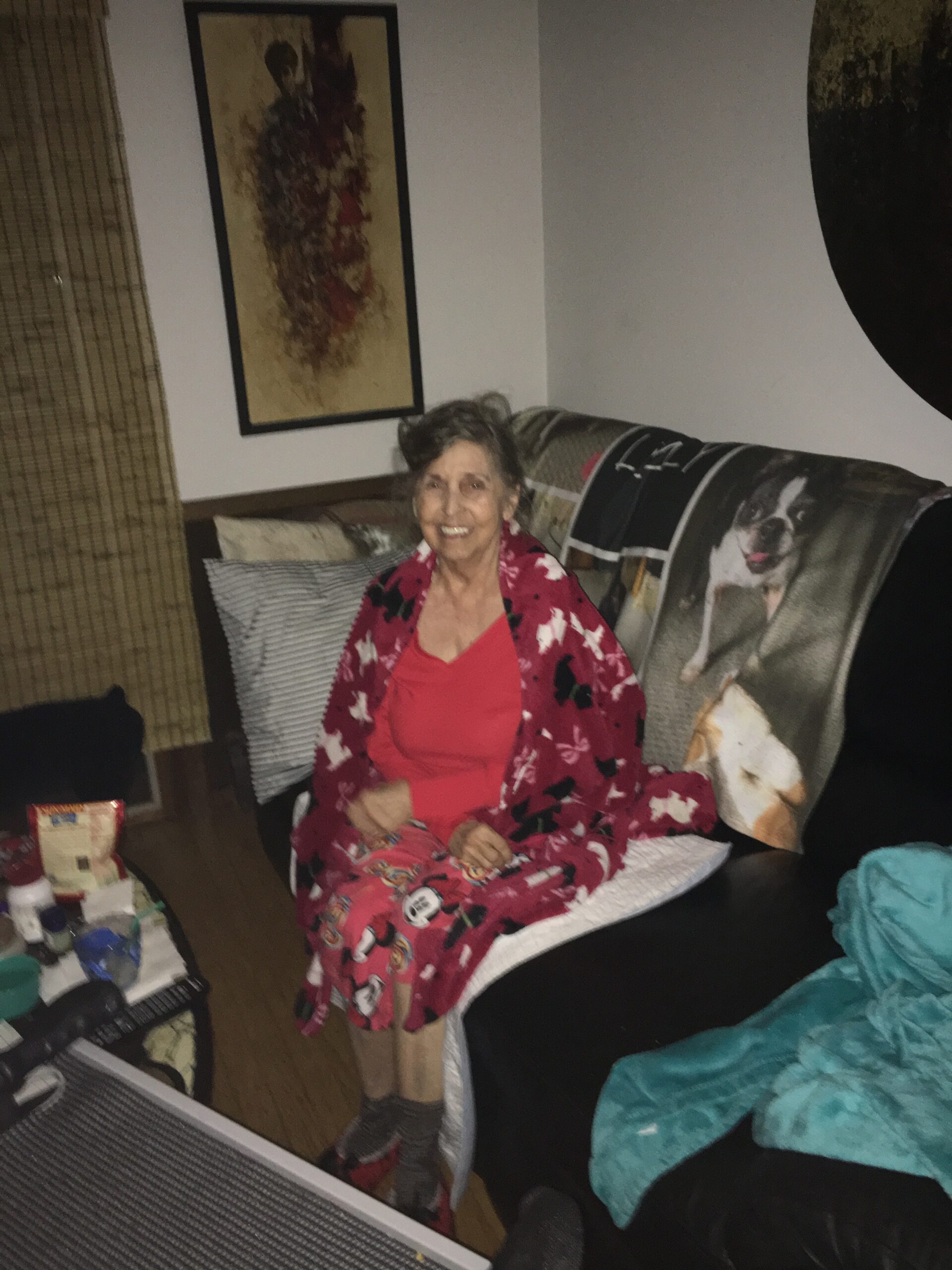 Smiling elderly woman in a red floral robe sits on a couch with a dog-themed blanket, in a cluttered living room.