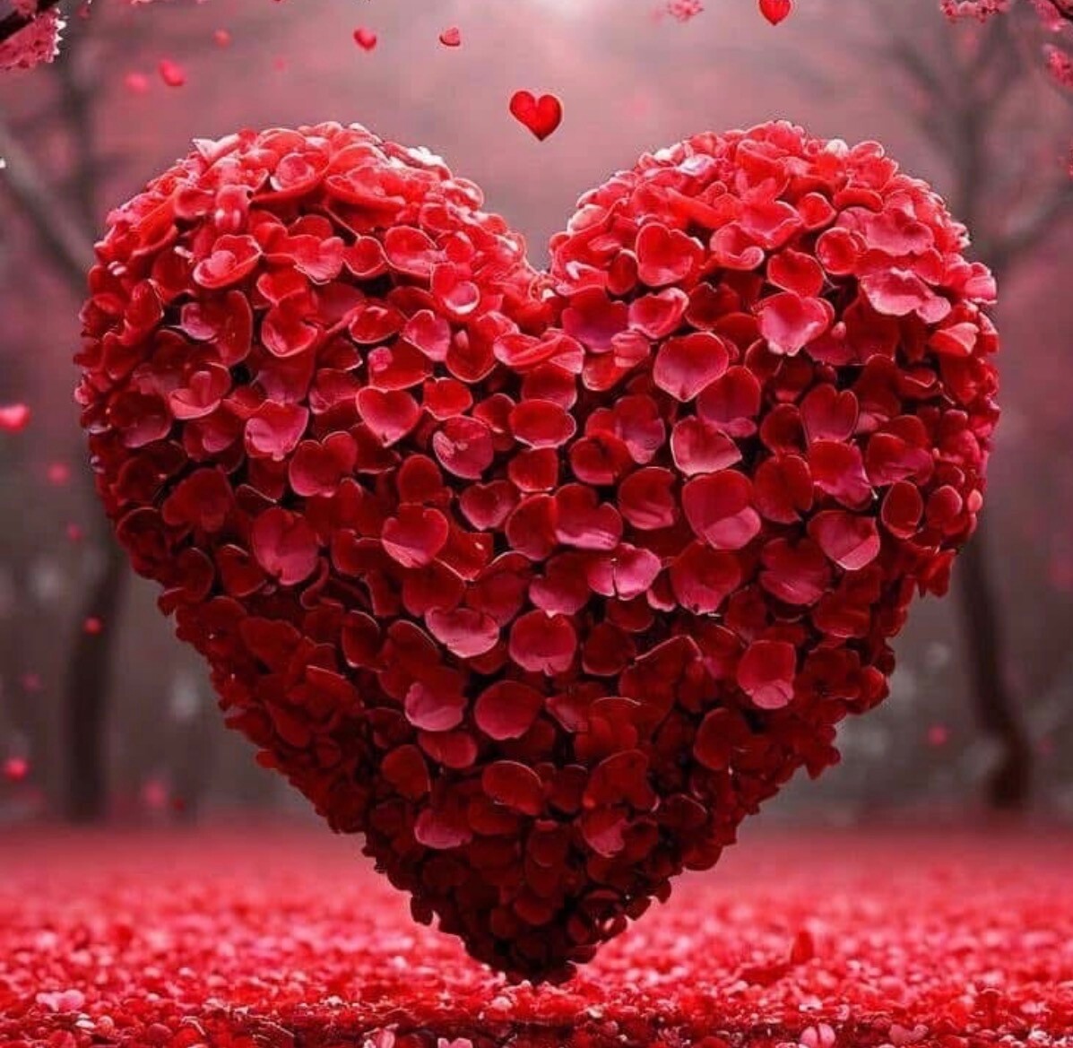 Heart-shaped statue of red petals forming a large, floating bouquet in a pink, blurred park setting.