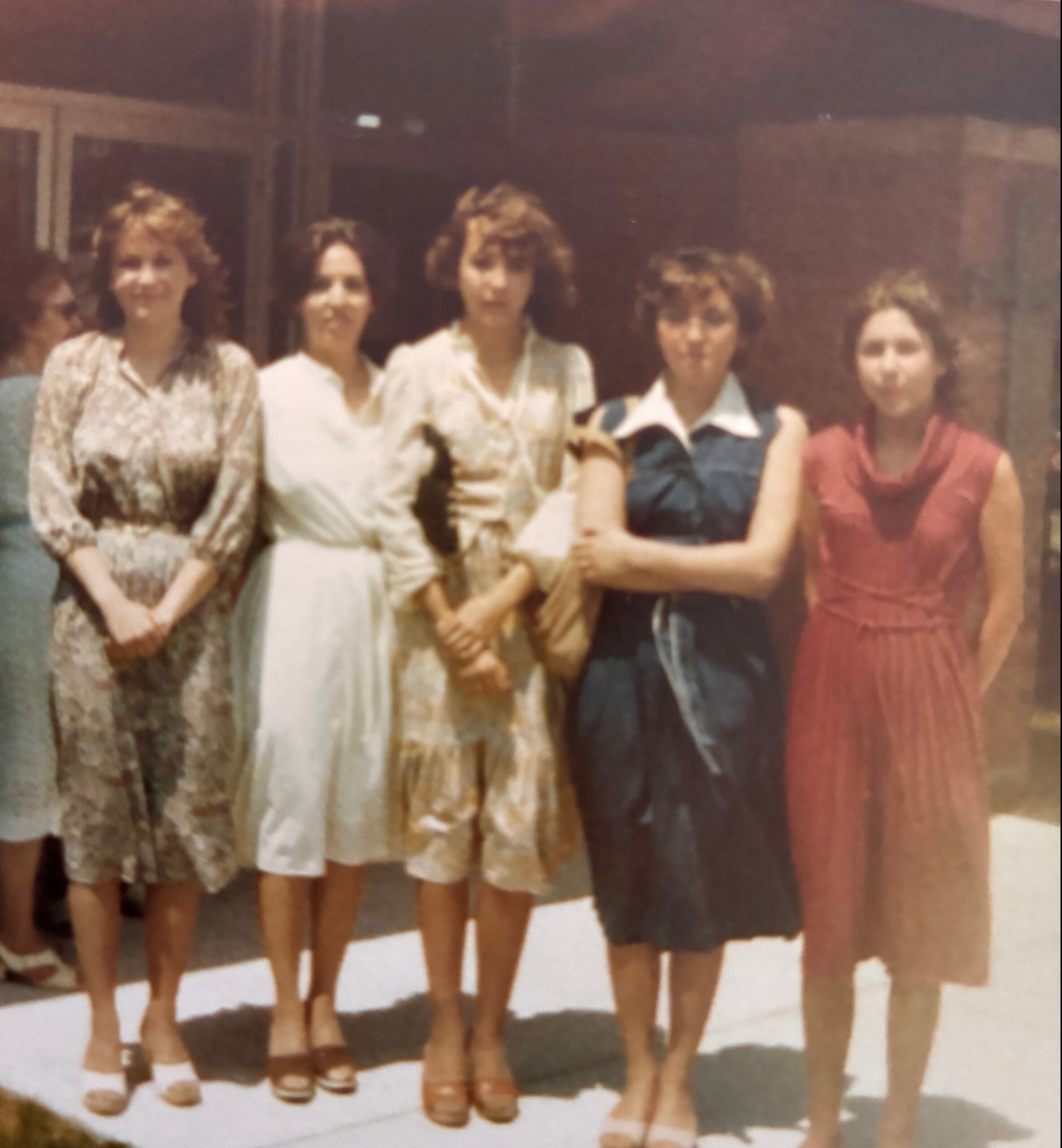 Group of women standing side by side in casual dresses, posing for a photo outdoors in warm, 1970s style attire.