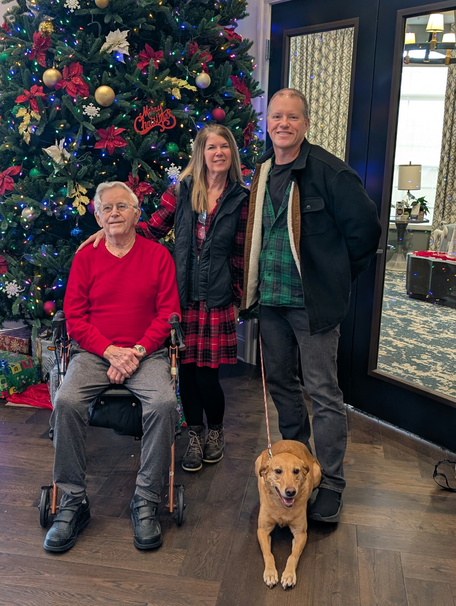 Three people posing by a large decorated Christmas tree: an elderly man in a red sweater in a wheelchair, a woman in a red plaid dress and black vest, and a man in a green plaid shirt with a dog at their feet and a leash in front of them.