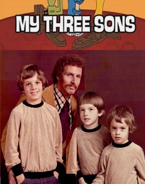 Family portrait of a man with three young boys in matching beige outfits against a brown backdrop, with 'My Three Sons' banner above.