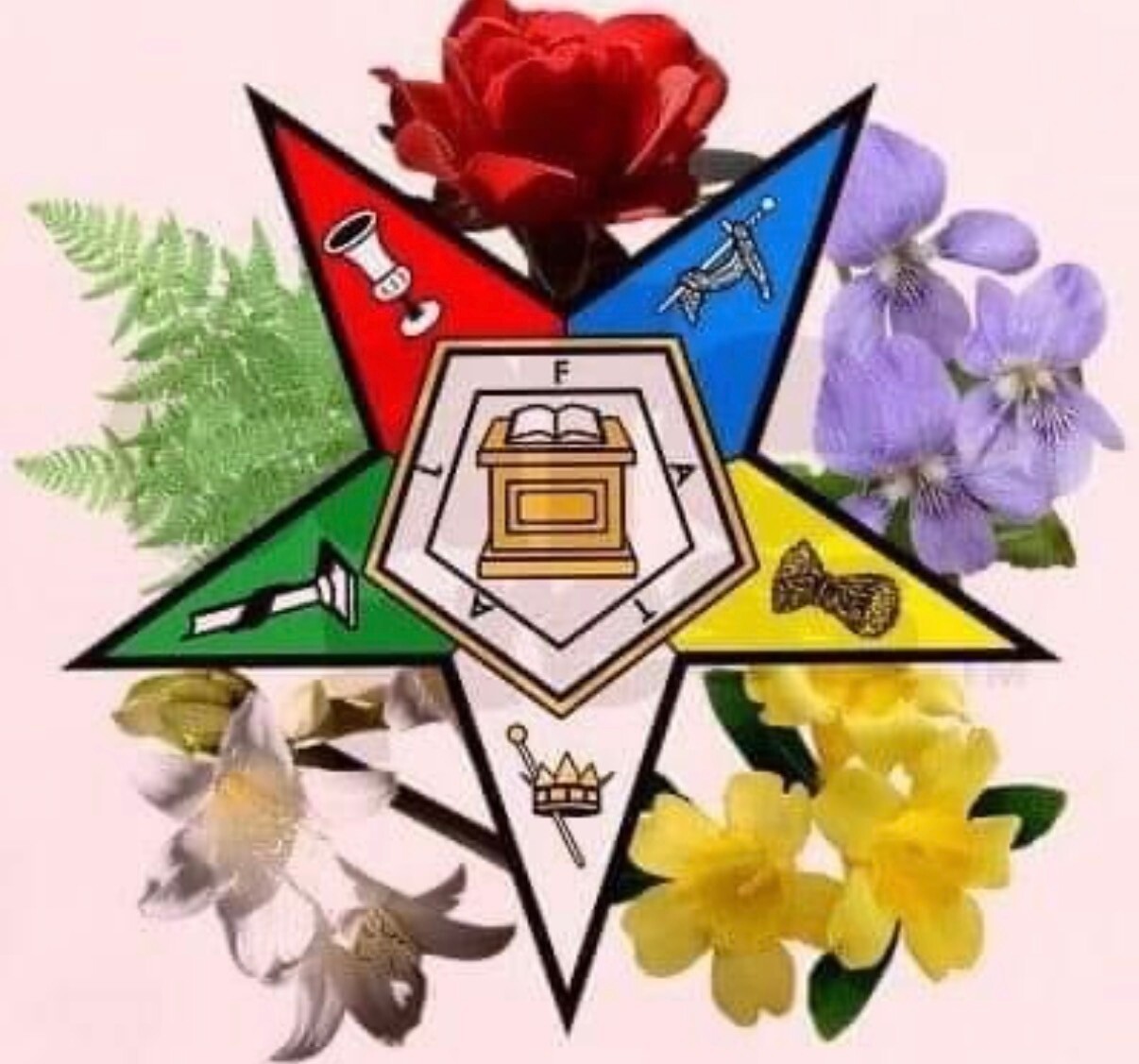 Masonic emblem centered on a colorful star surrounded by red rose, purple irises, white orchid, and yellow daffodils.