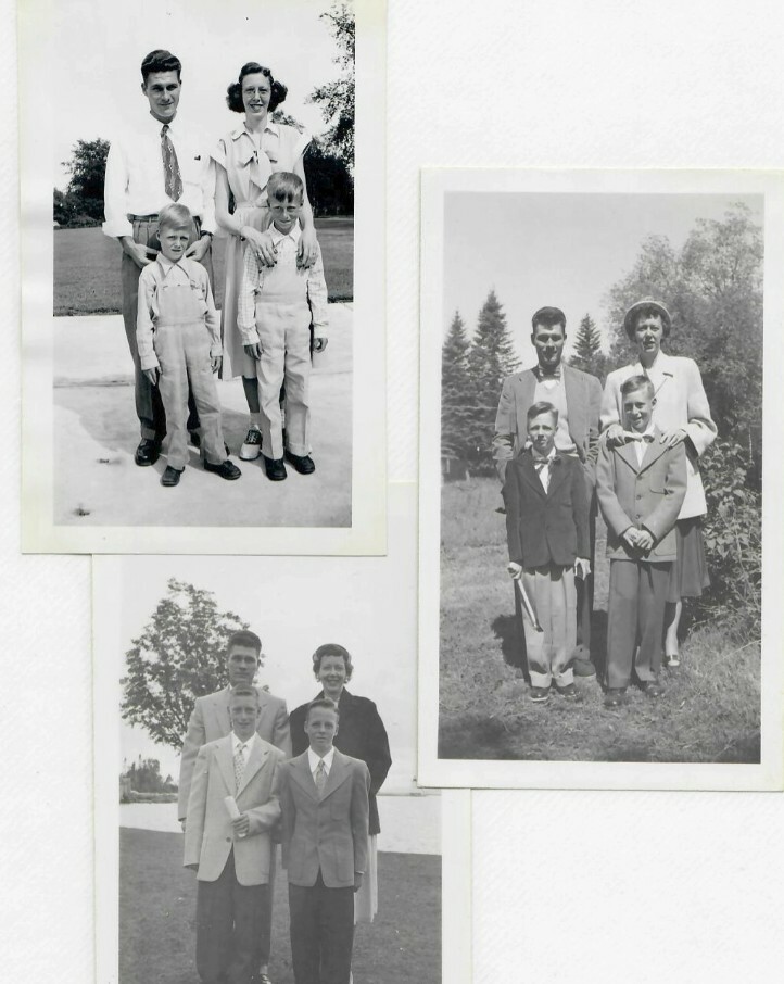 Collage of black-and-white family photos: children with parents posing outdoors, in vintage clothing.