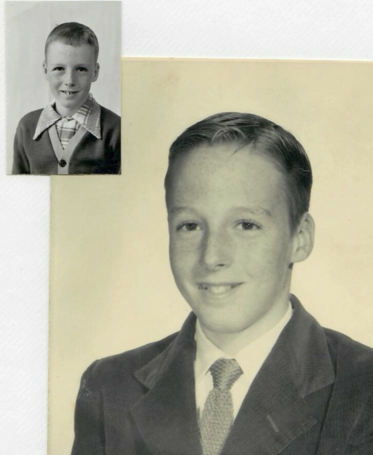 Smiling boy in a suit and tie, large portrait with a smaller vintage photo of him in the top-left corner