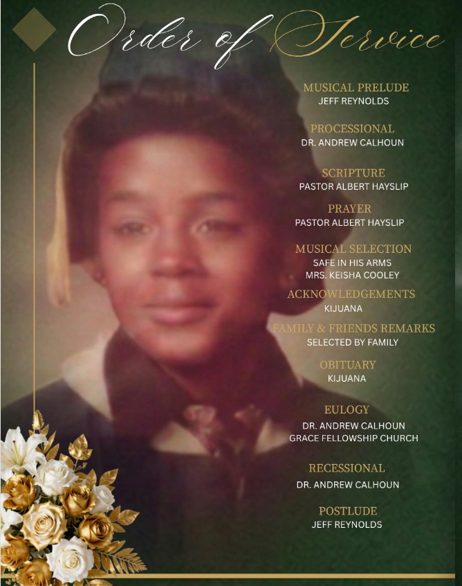 Funeral program cover with a faded portrait, gold floral bouquet bottom left, and 'Order of Service' title on top; service items listed on the right.