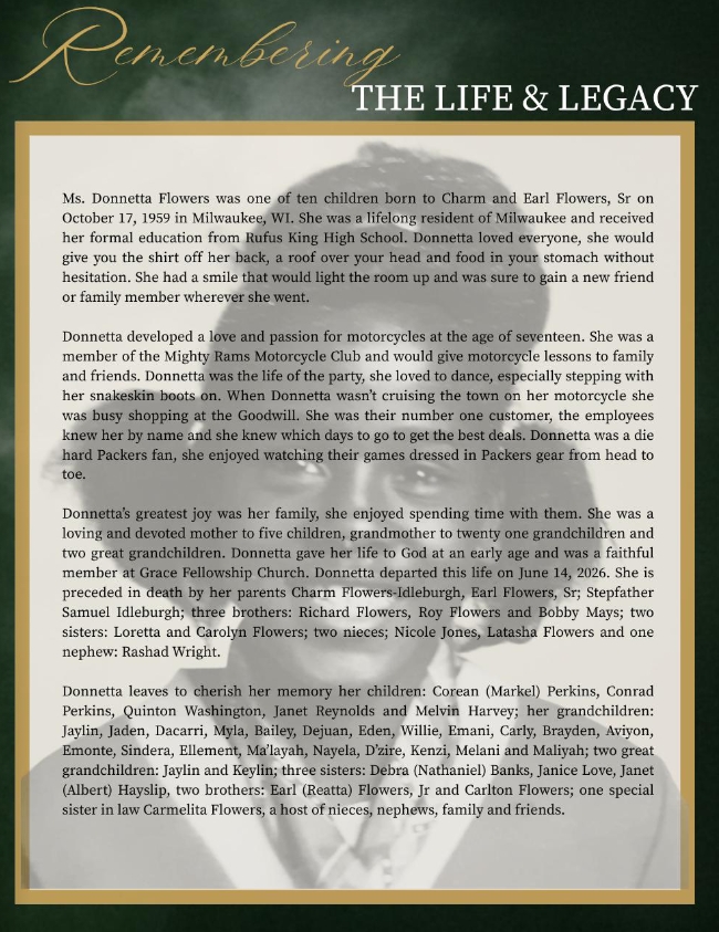 Memorial poster titled 'Remembering the Life & Legacy' with a gold-framed obituary on a dark green background, honoring Donnetta Flowers.