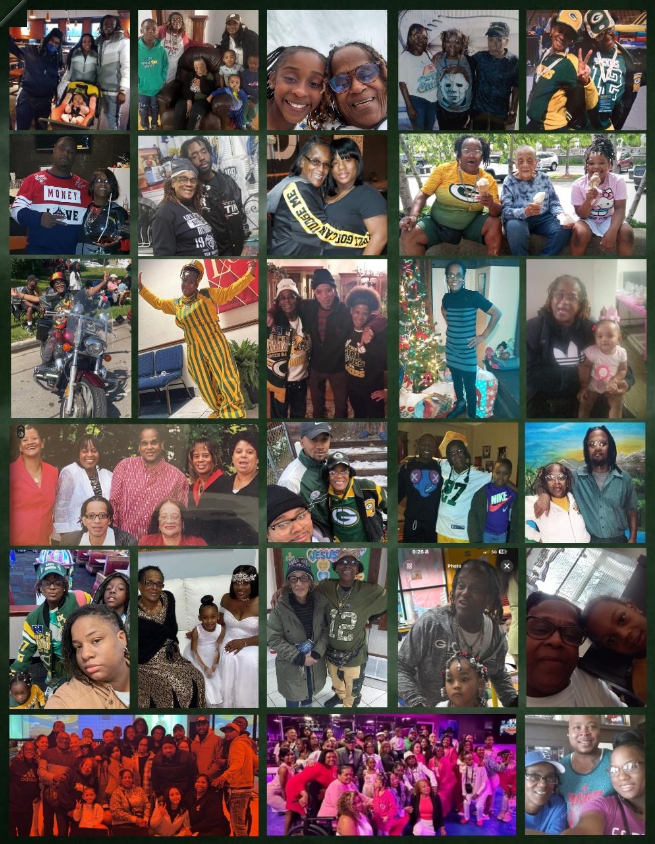 Collage of diverse people and families posing for group photos at various events.