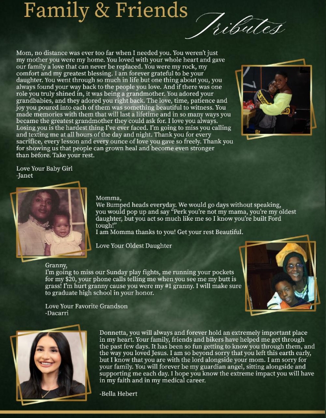 Memorial tribute page titled 'Family & Friends Tributes' with handwritten messages and four framed photos honoring a mother.