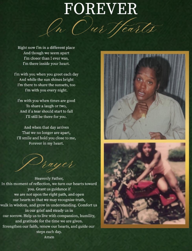 Memorial poster with dark green background, gold 'FOREVER In Our Hearts' title, two framed photos of a woman on the right, and a left-aligned poem.