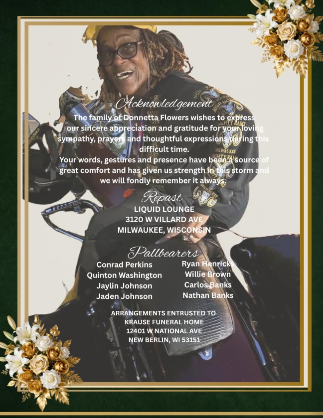 Memorial acknowledgment card featuring a smiling person on a motorcycle, framed with a gold border and floral accents, overlaid with thanks and service details.