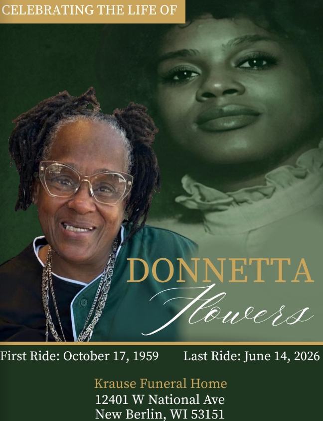 Memorial program cover for Donnetta Flowers, featuring a foreground photo of a smiling woman and a faded background portrait with 'Celebrating the life of Donnetta Flowers' and service details.
