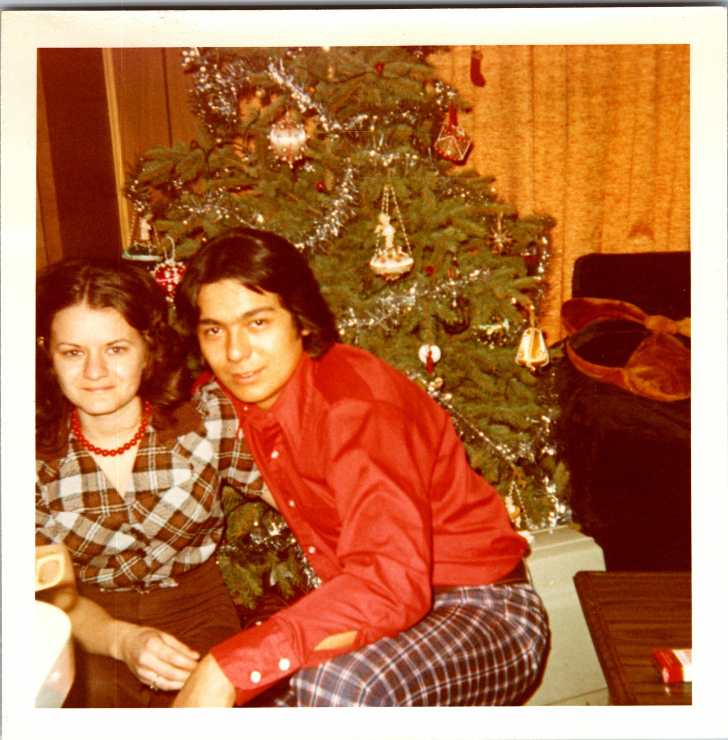 Two people sit in front of a decorated Christmas tree indoors, a woman in a plaid shirt and red necklace beside a man in a red shirt in the foreground.