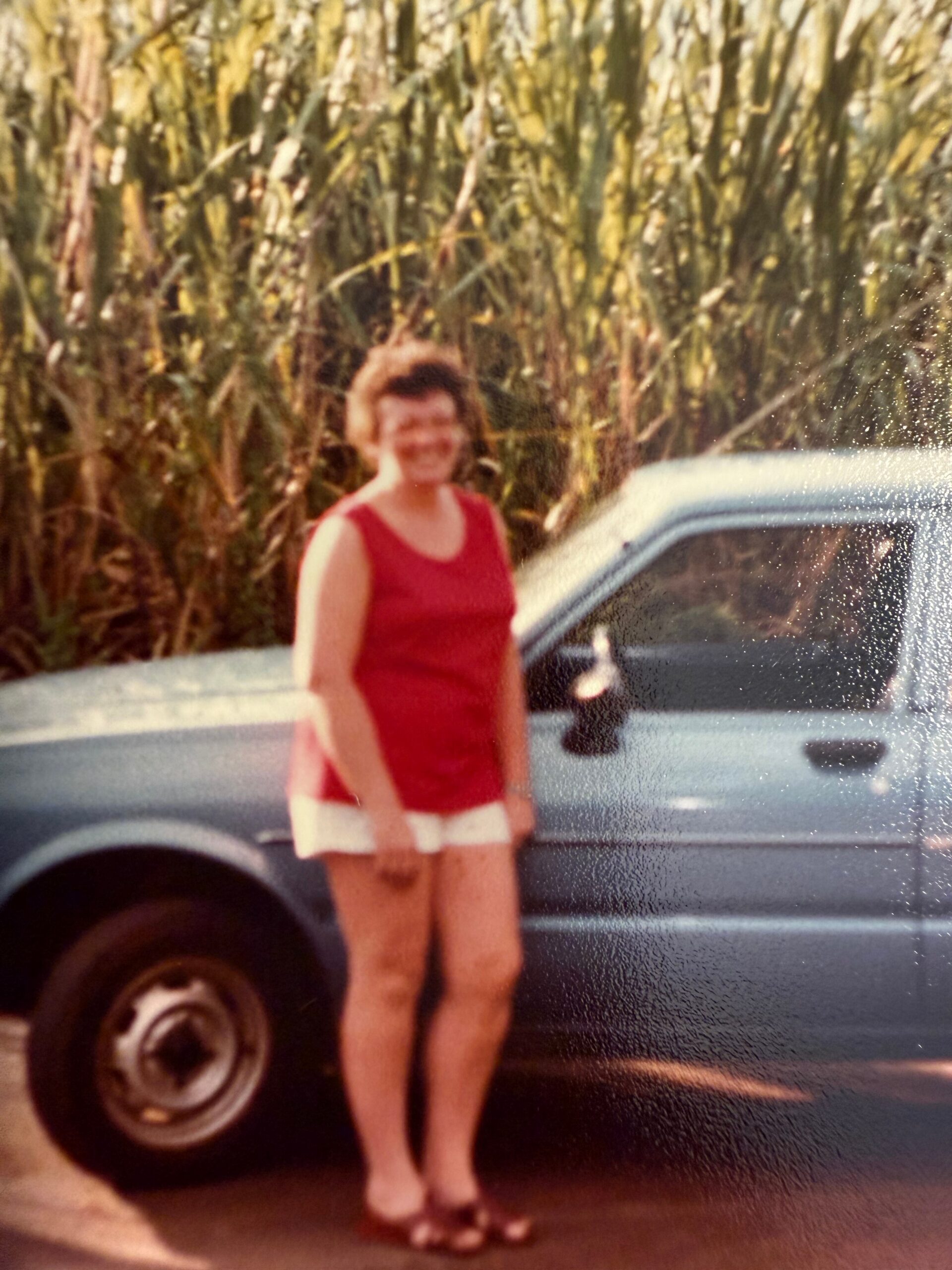 Child standing in front of a gray car, wearing a red top and white shorts, with tall grasses in the background.