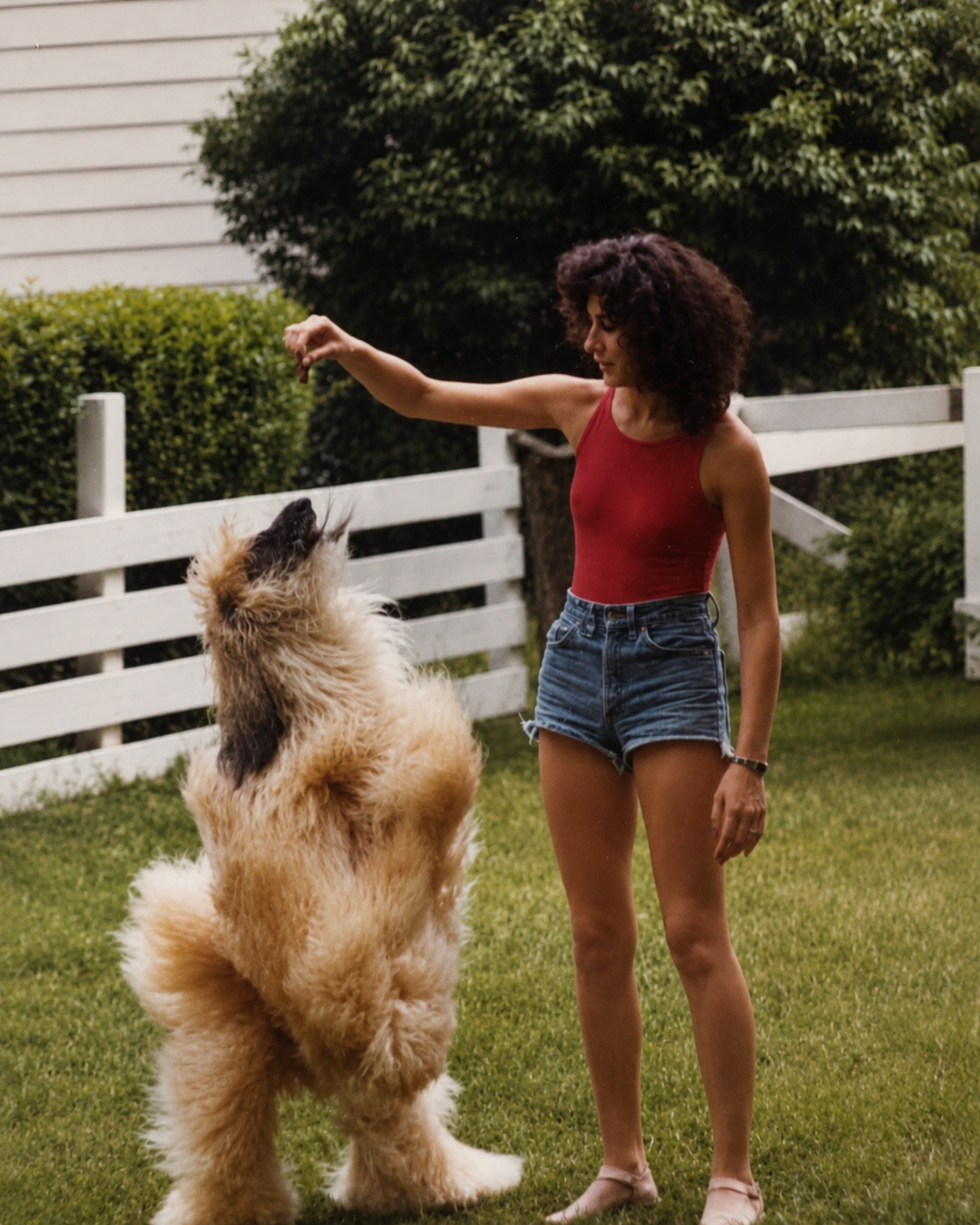 Woman in a red tank top and denim shorts gesturing toward a large fluffy dog in a green yard behind a white fence.