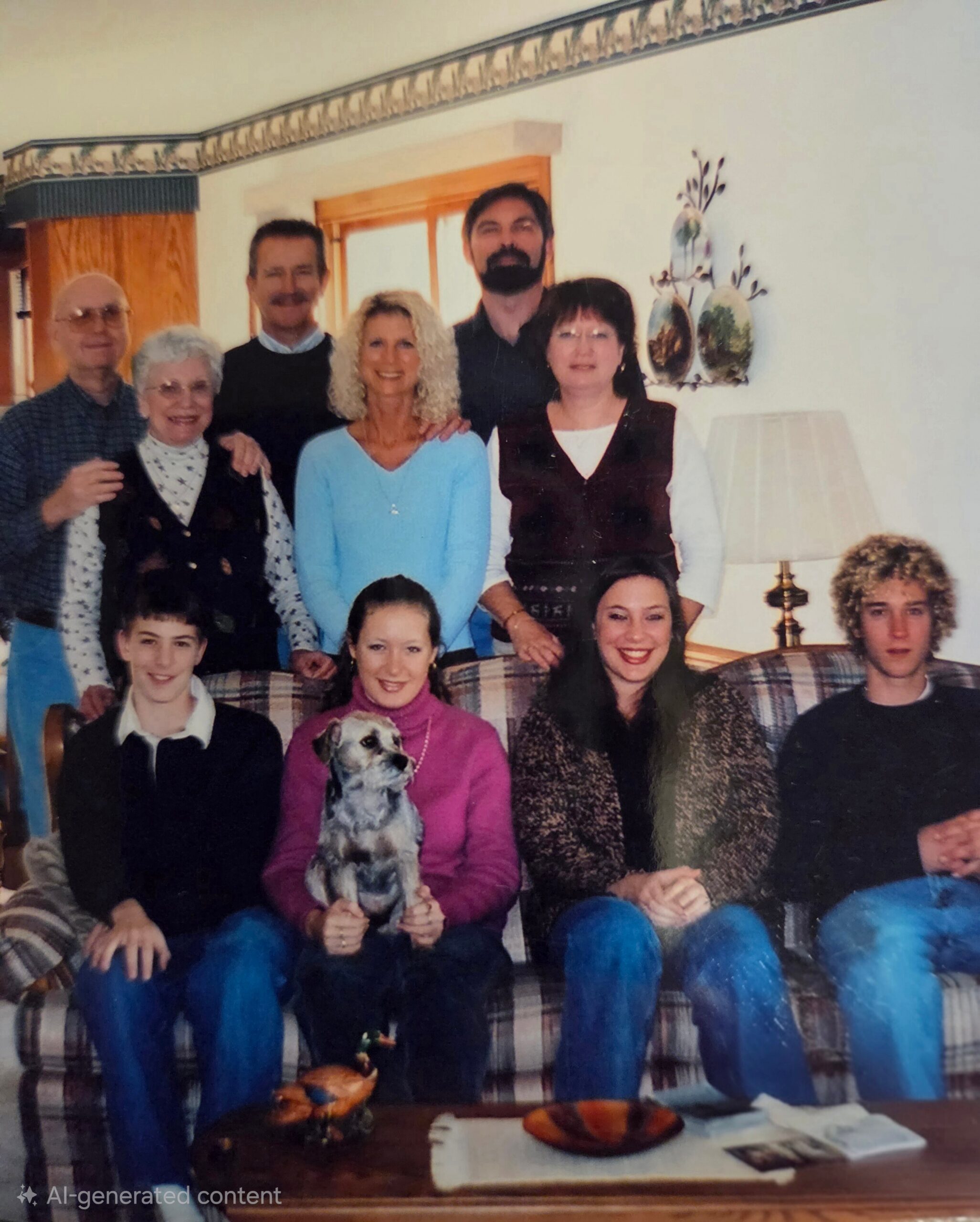 Group of adults and younger people posing on a plaid sofa in a living room, with a small dog sitting on a woman's lap in a pink sweater in front center.