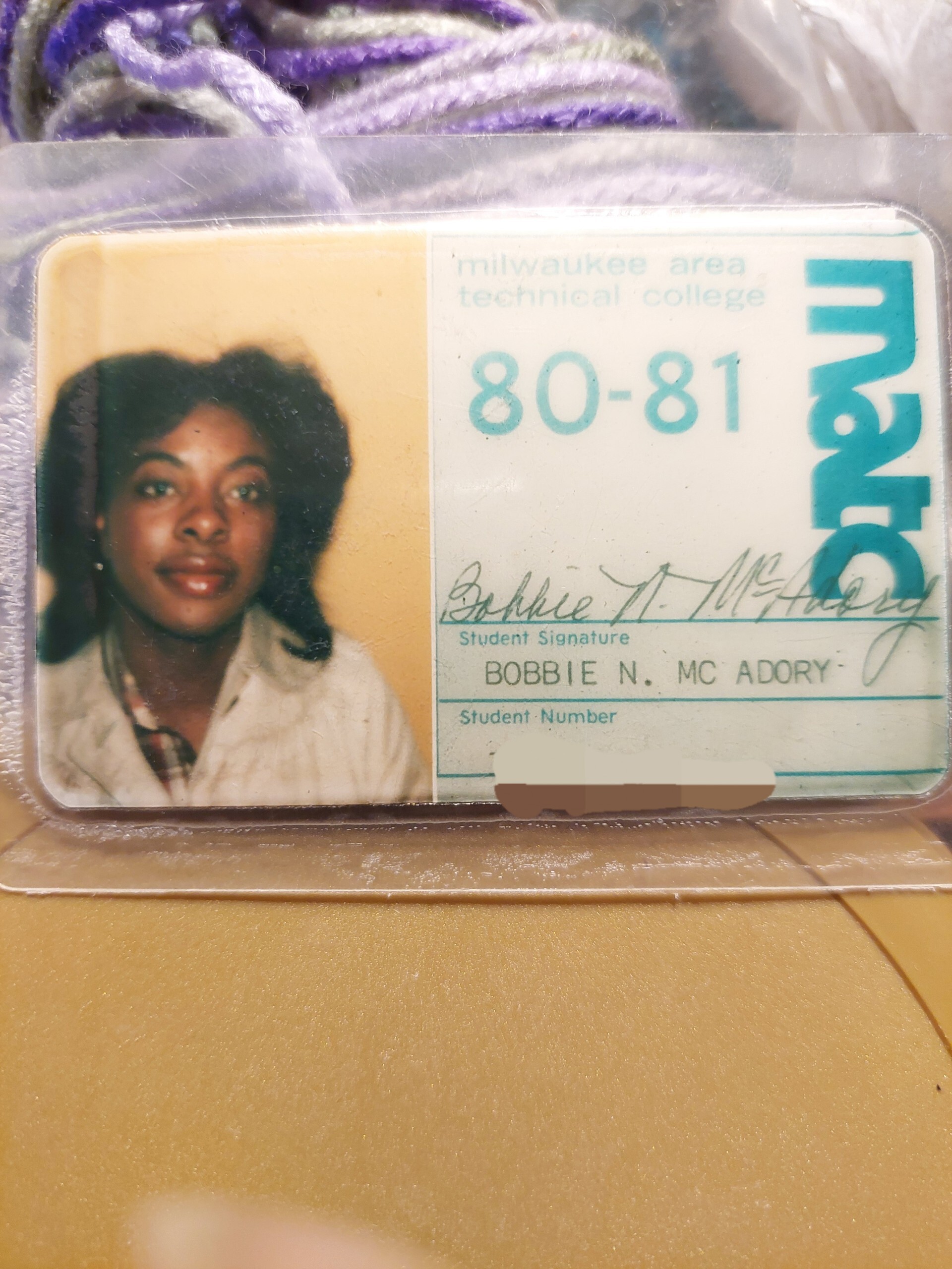 Milwaukee Area Technical College student ID badge with portrait photo and the name Bobbie N. McAdory on the right side.