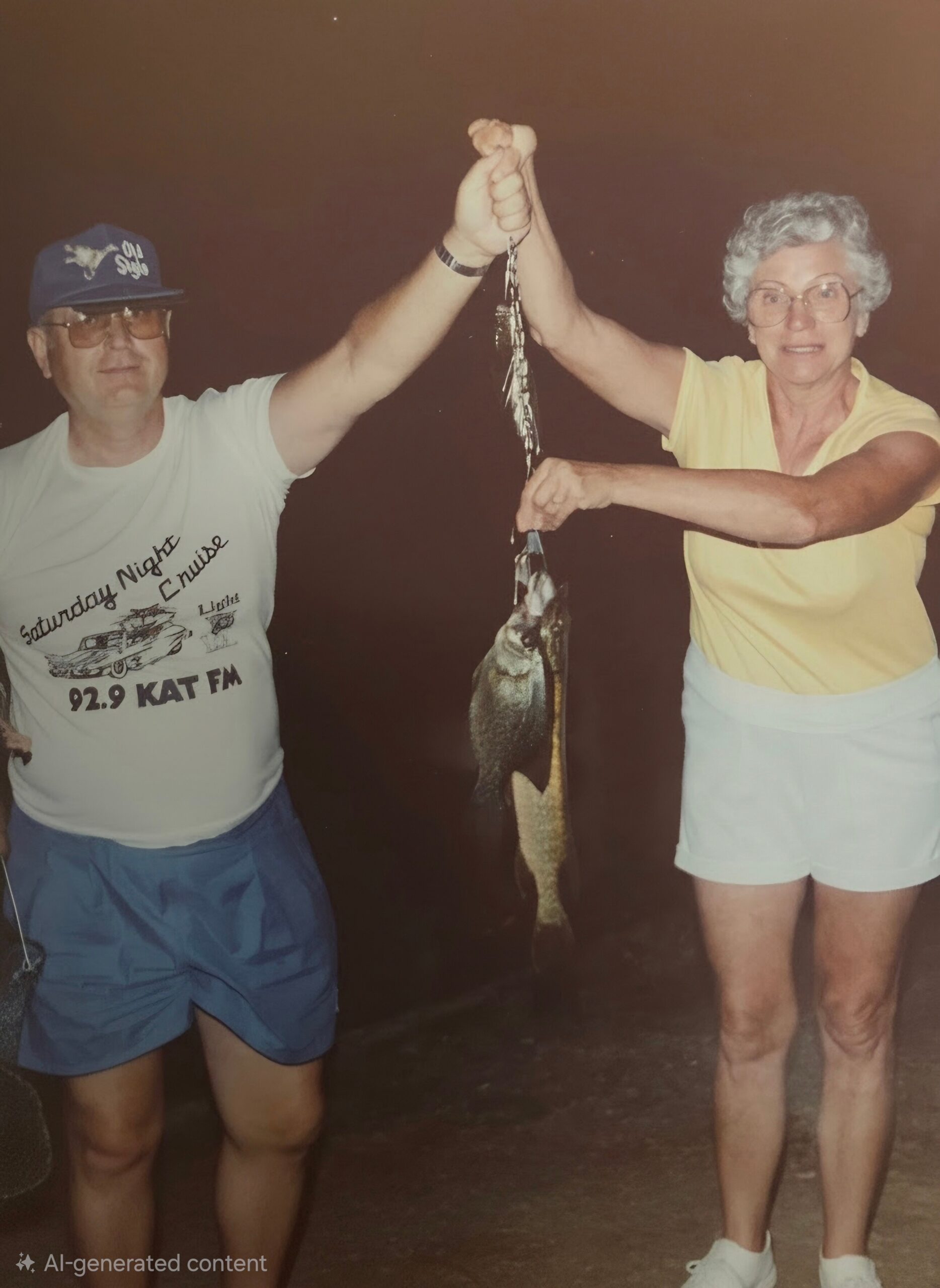 Two older adults pose at night, each holding up a large fish caught together, smiling at the camera.