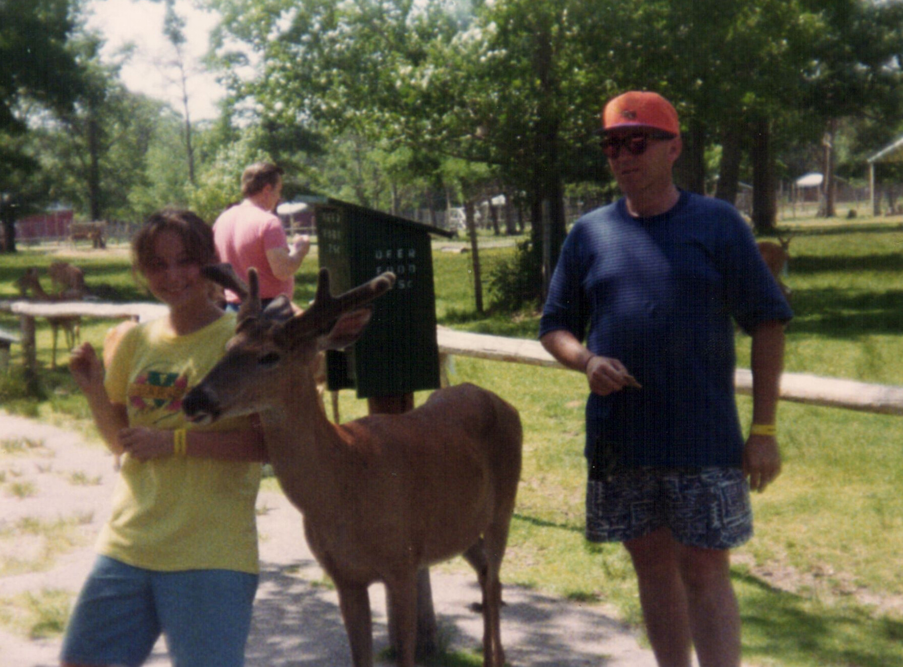 Woman in a yellow shirt and a man in a blue shirt stand outdoors with a brown deer between them in a sunny park.