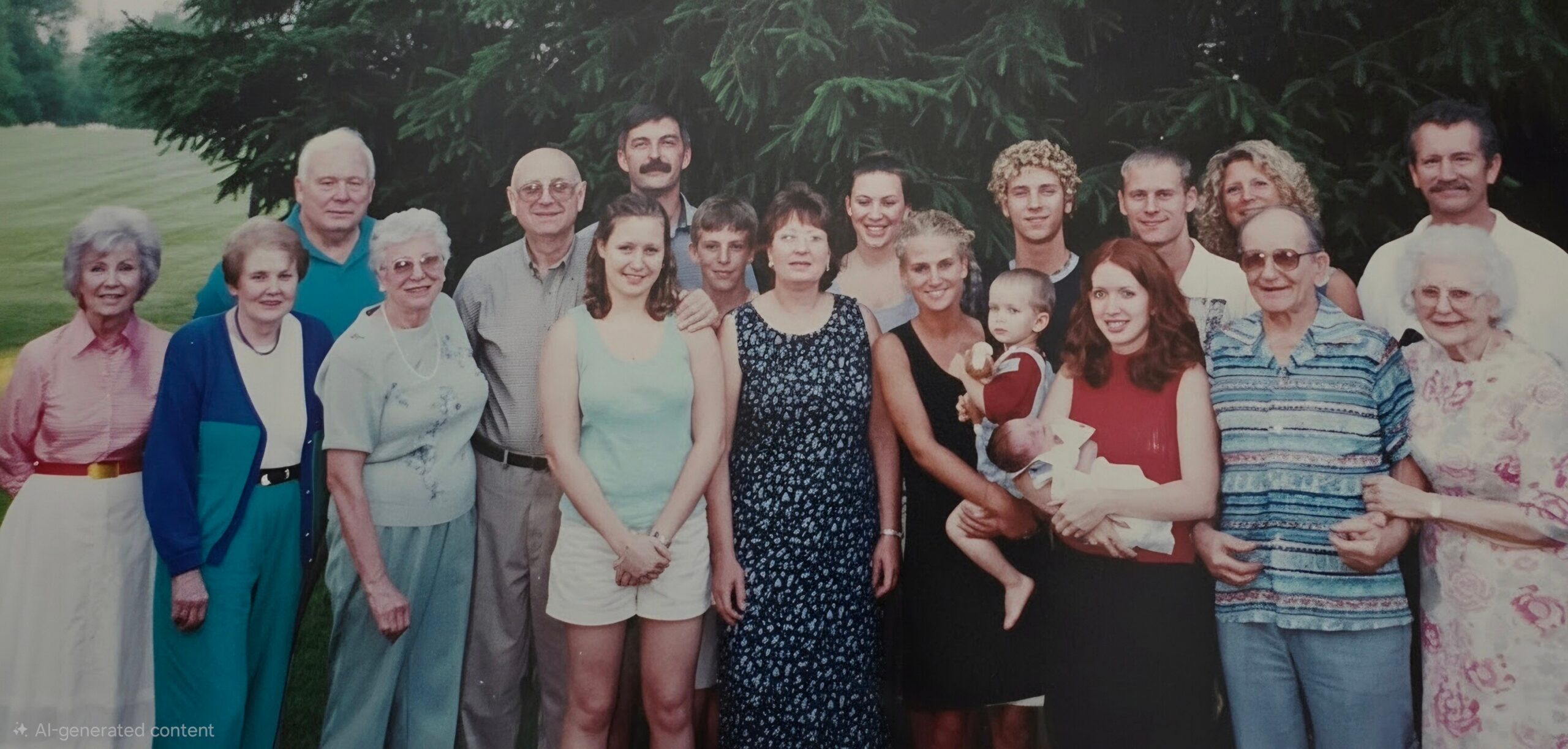 Large multi-generation family posing outdoors on a sunny day in front of trees.