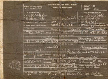 Close-up of an old handwritten birth certificate form from Mississippi, with cursive entries and official stamps on a brown background.