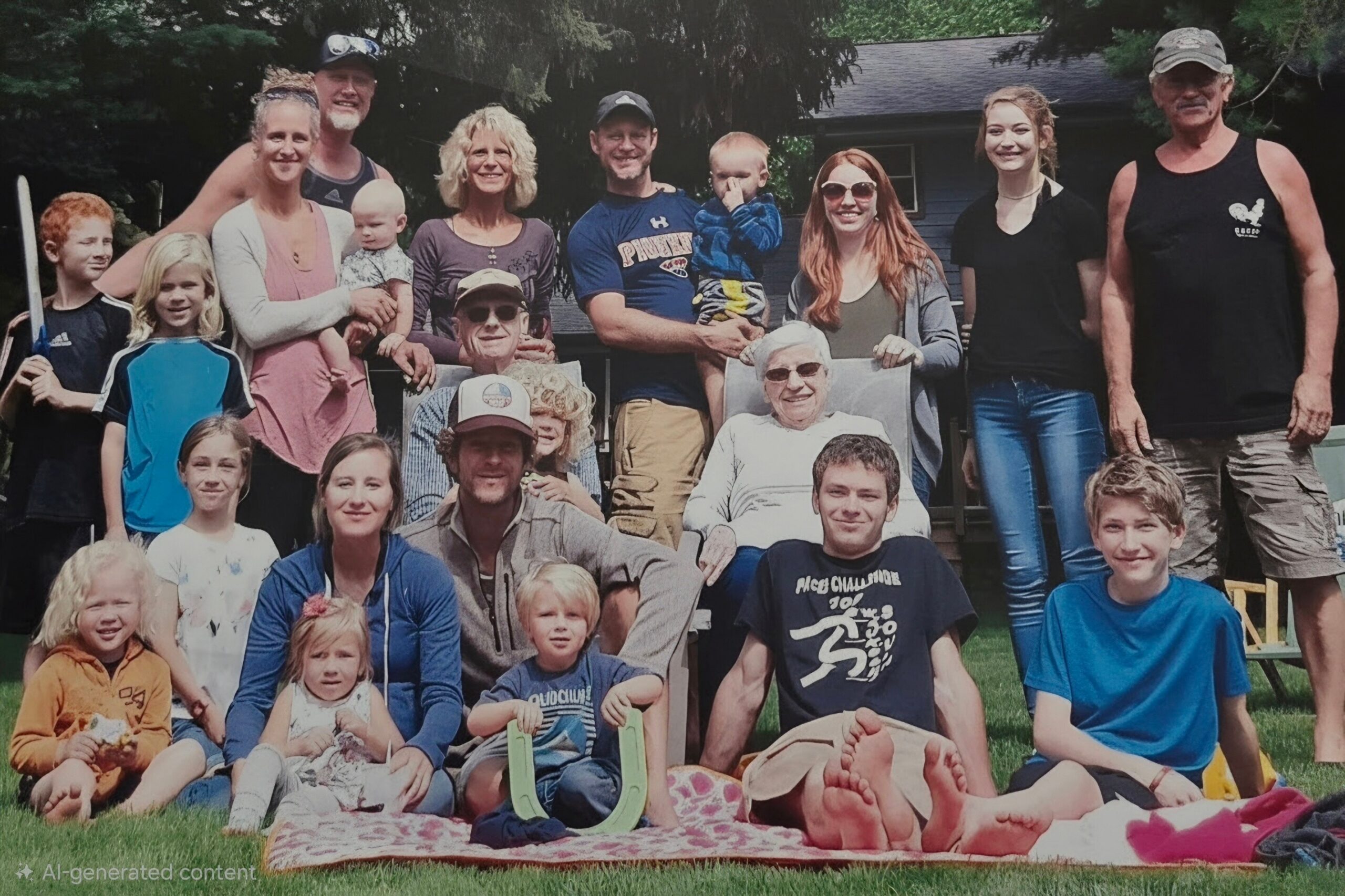 Large multi-generational family poses for a group photo on a grassy lawn outdoors in front of a house.