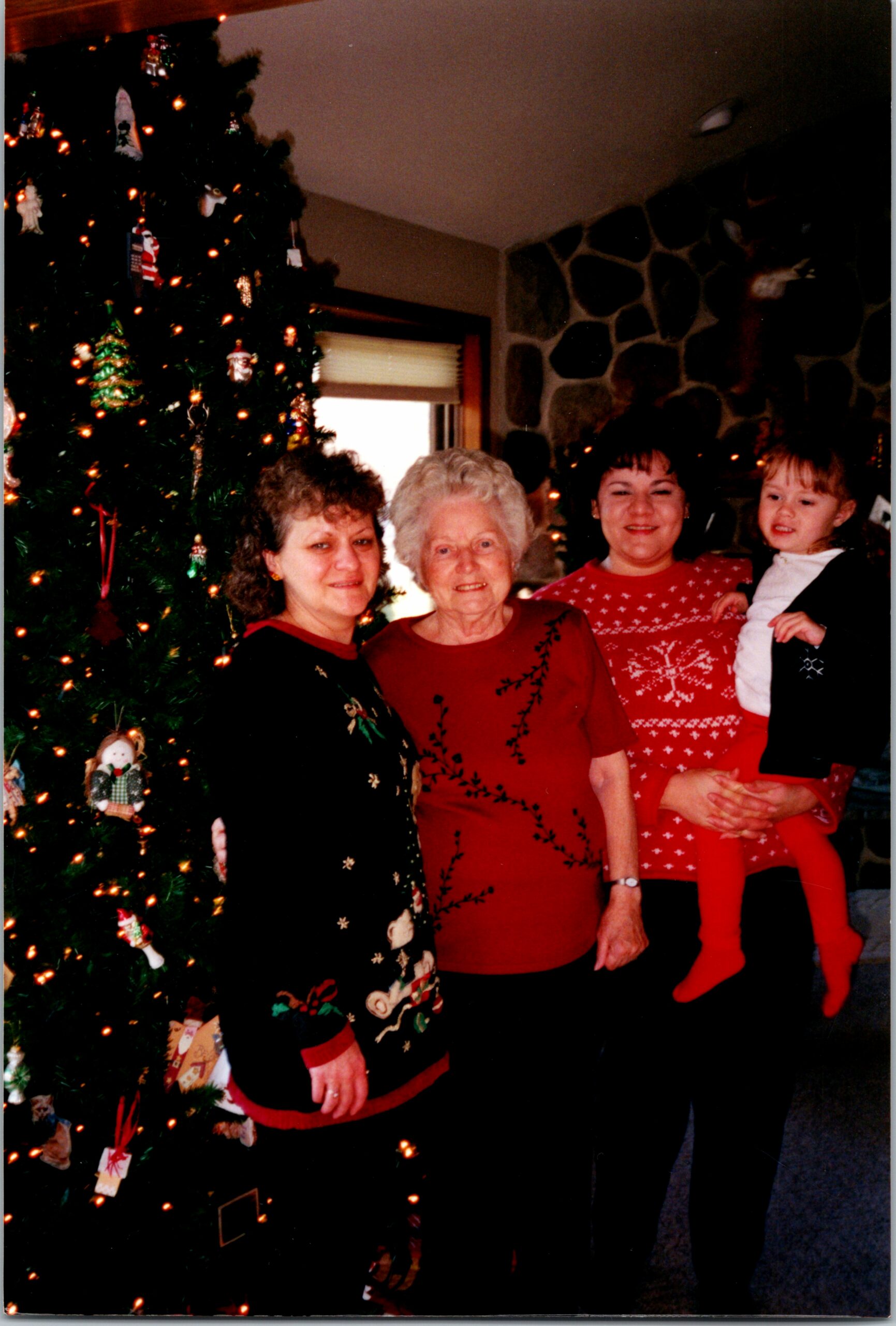 A group of four women and a child stand by a decorated Christmas tree in a cozy living room, smiling for a holiday photo.