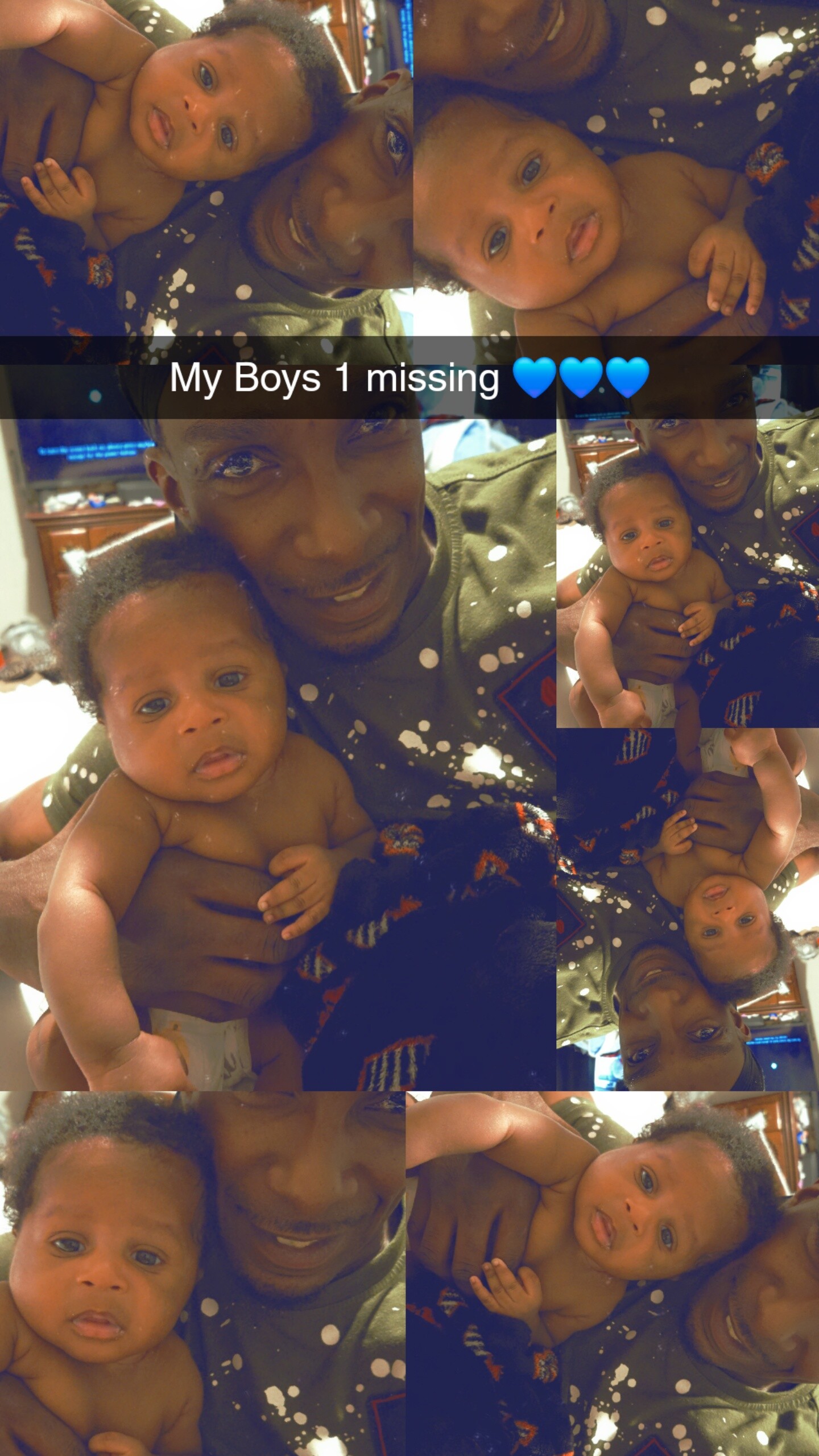 Collage of a man with a baby in several poses; a dark banner across reads 'My Boys 1 missing' with blue heart emojis.