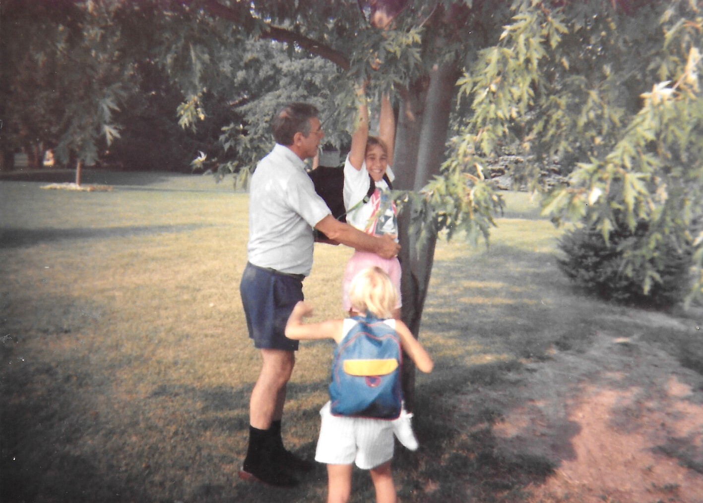 Man helps a girl hang from a tree branch as another child watches in a park setting.