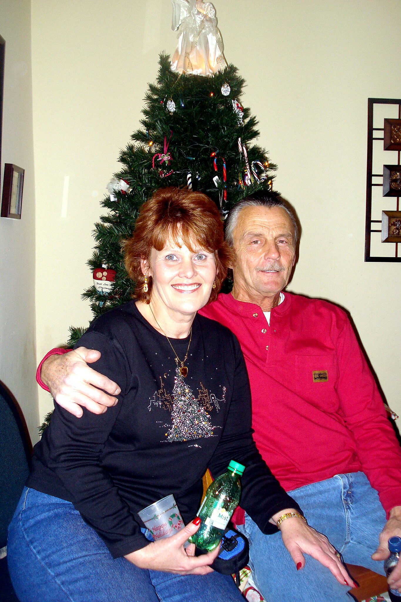 Smiling woman with red hair and a man in a red shirt sit together in a living room in front of a decorated Christmas tree with presents and ornaments behind them.