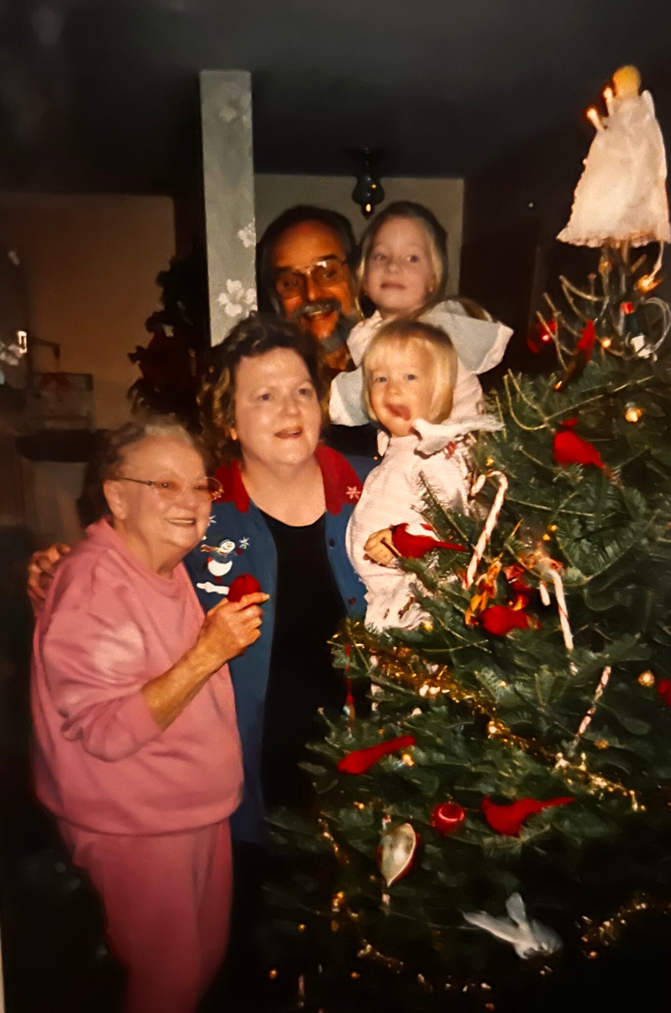 Group of adults and a child posing together by a decorated Christmas tree indoors, smiling for a holiday photo.