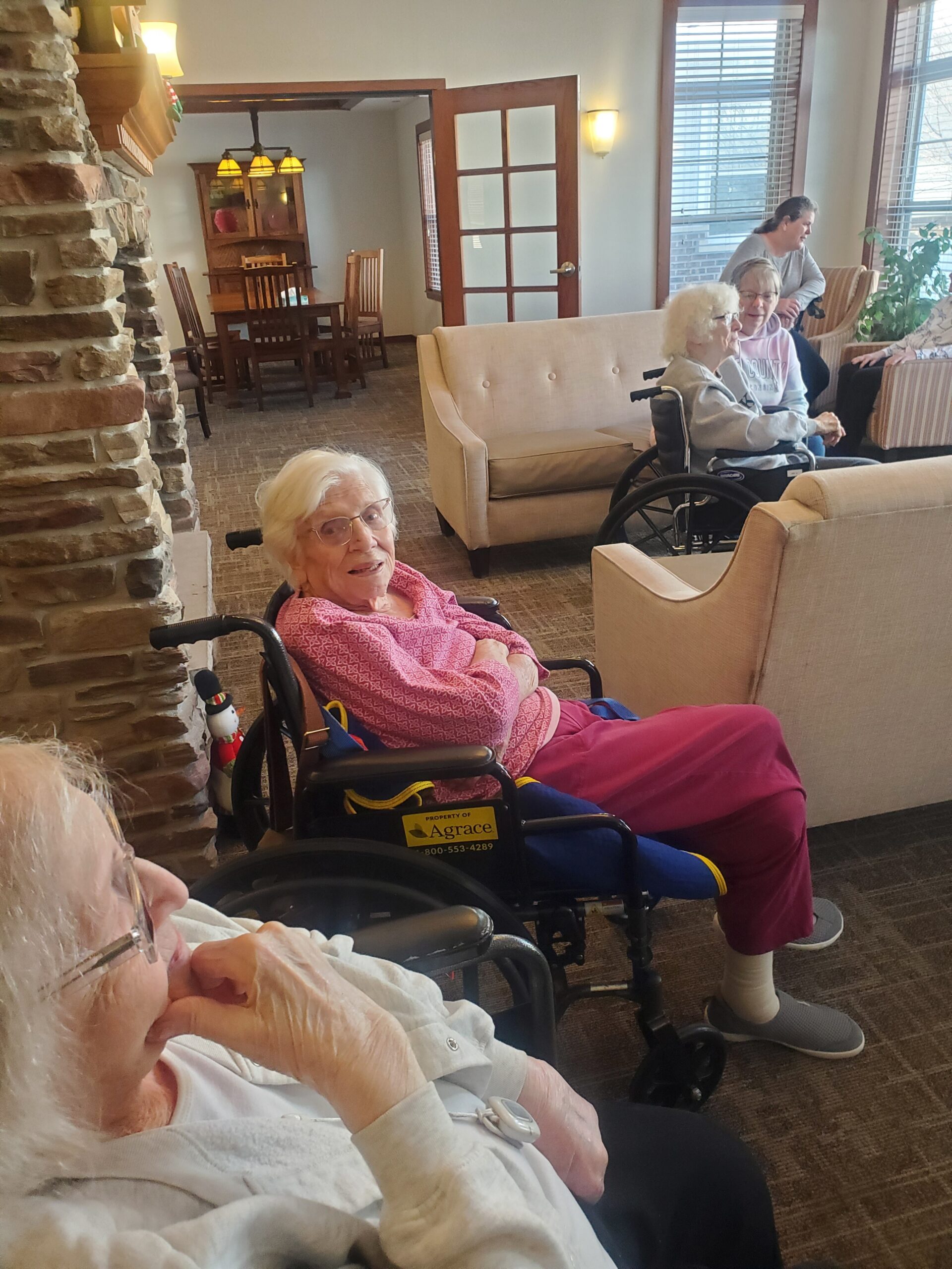 Elderly woman in a pink sweater sits in a wheelchair in a lounge, looking toward the camera.