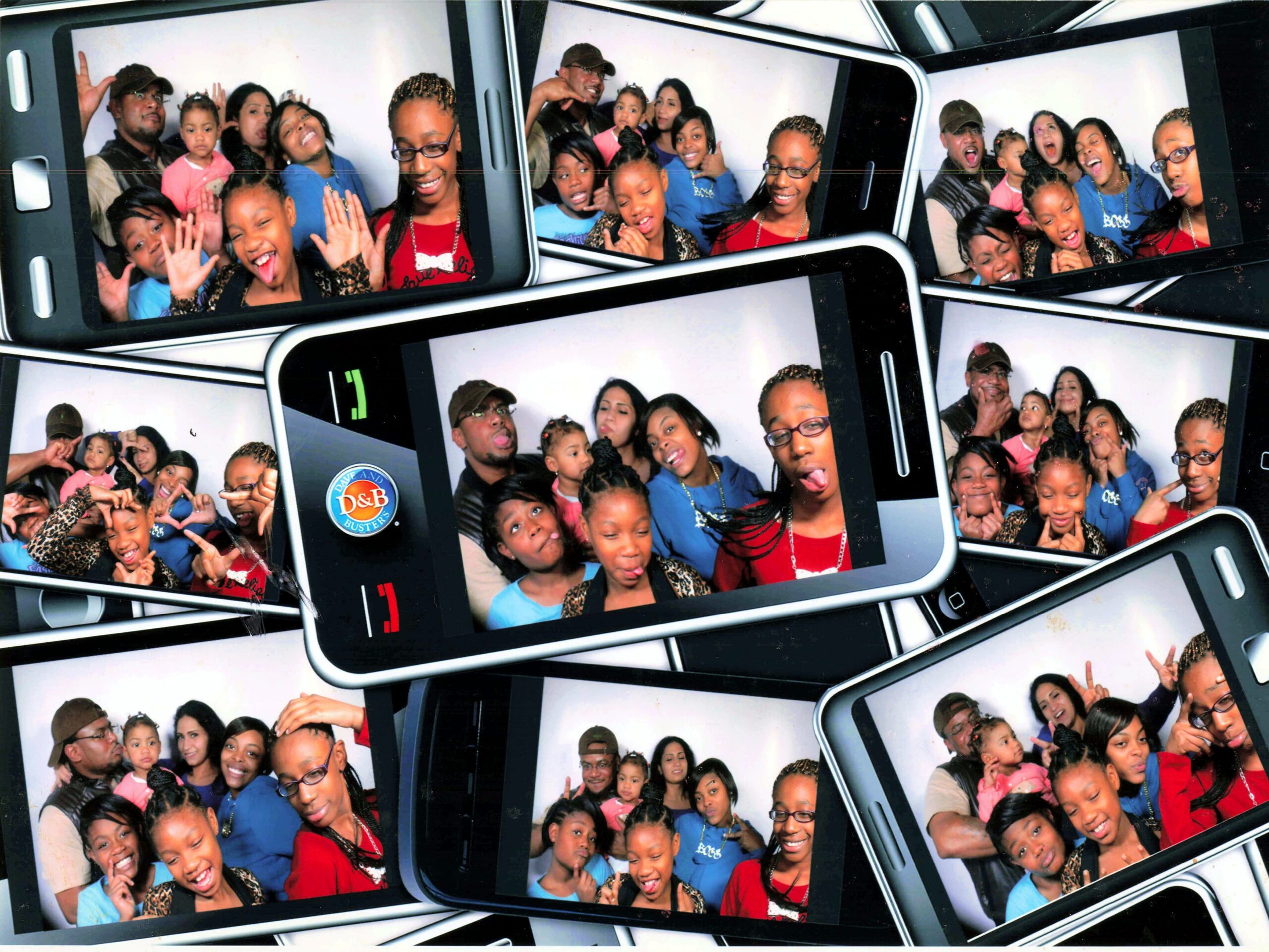 Group of smiling people posing for photos on overlapping smartphone screens in a collage photo