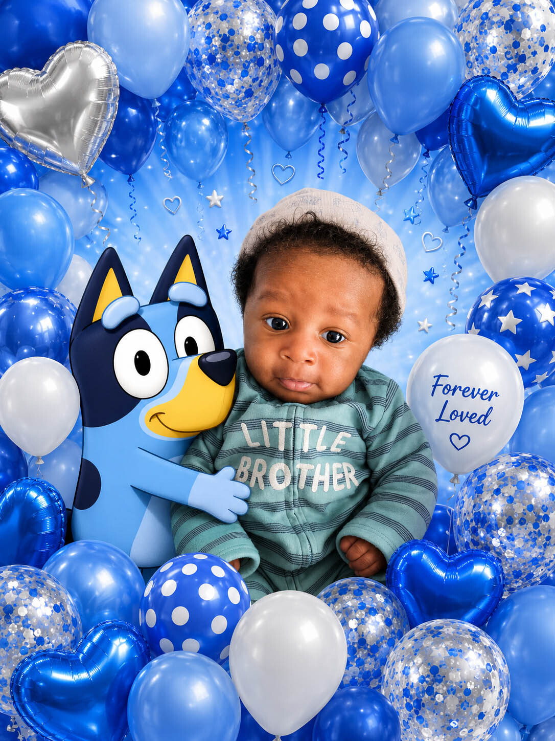 Toddler sitting among blue birthday balloons with a blue cartoon dog, wearing a 'Little Brother' shirt.